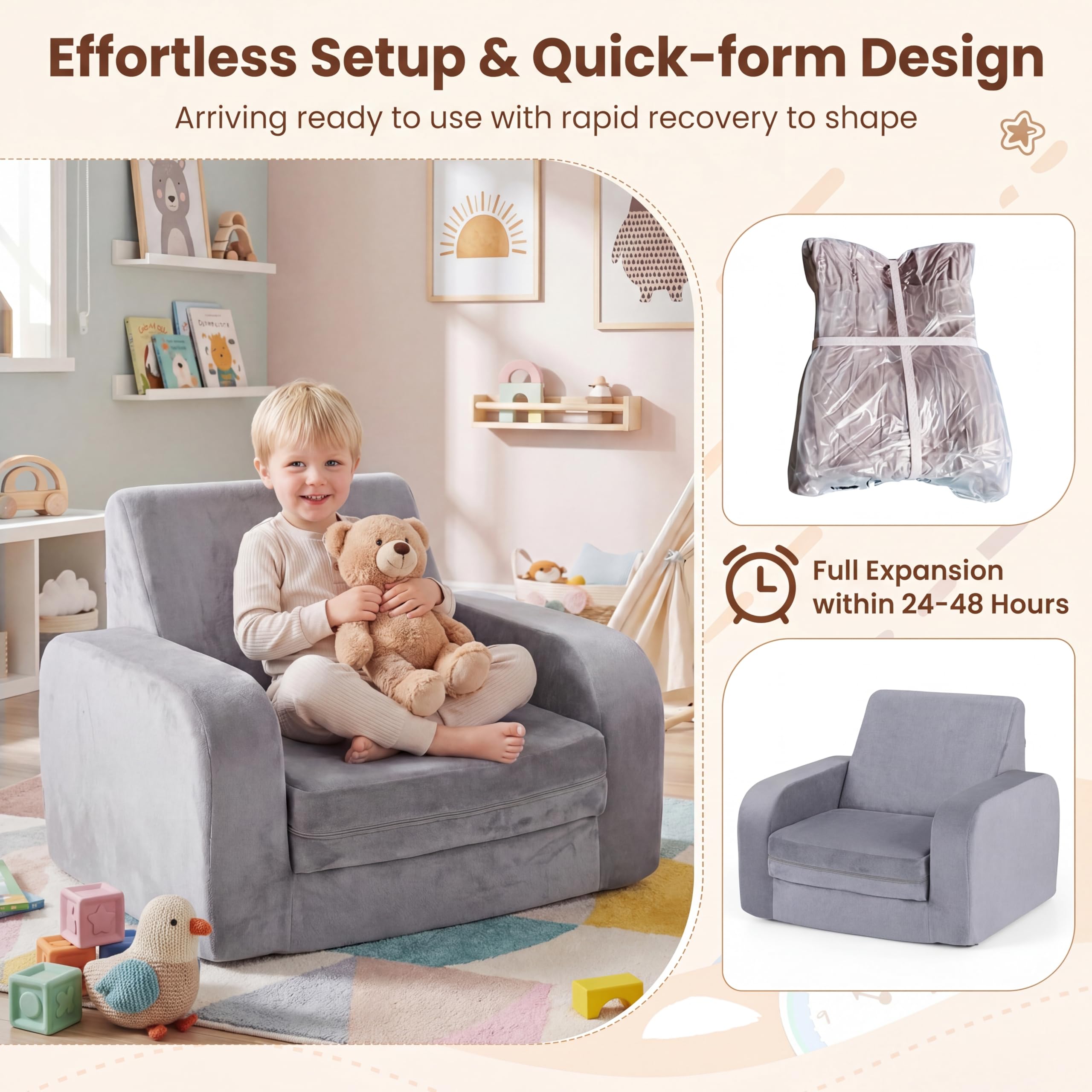 LIFEZEAL Canapé Enfant Depliant 3 en 1, Mini Canapé Enfant Pliable avec Housse Amovible en Velours Cristal, Canapé-lit en Mousse, Fauteuil Bebe pour Chambre et Salle de Jeux (Gris, Plié en 3)
