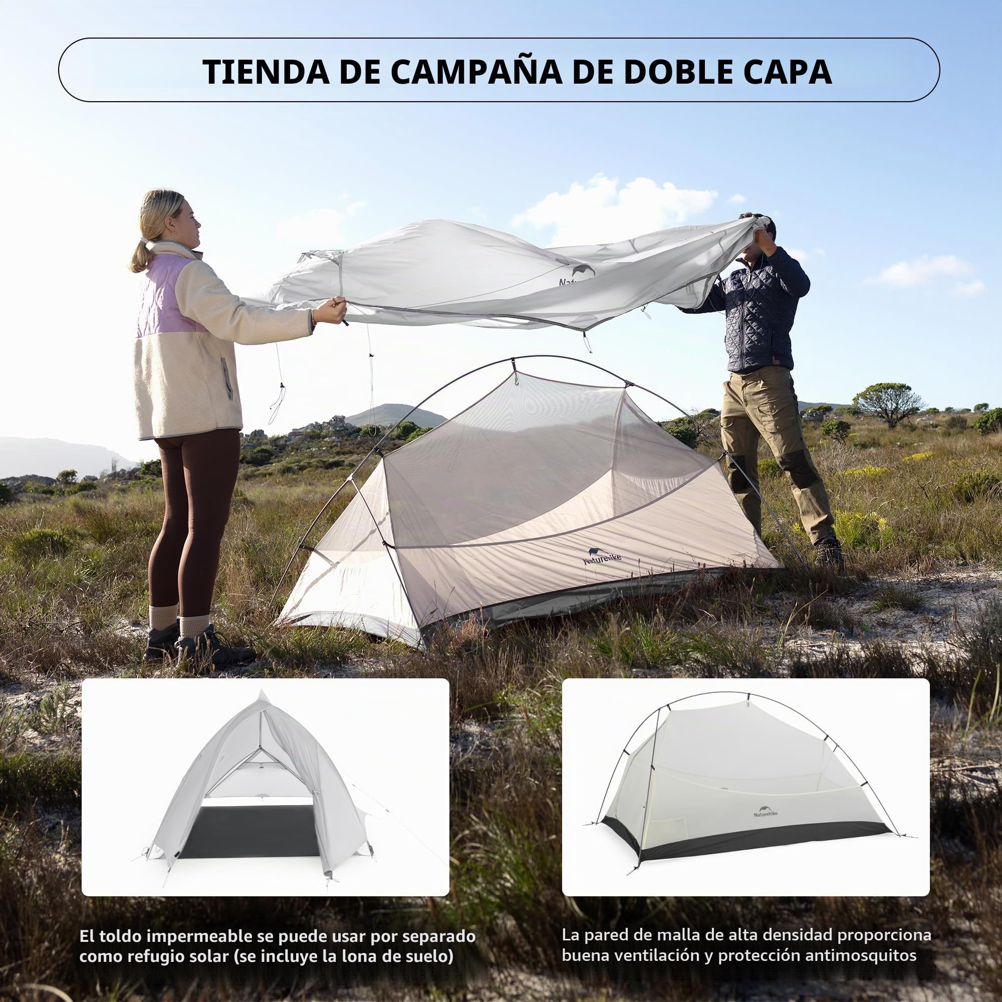 Naturehike Cloud Up UL Tienda De Campaña para 1/2 Personas Compacta Ultraligera de Doble Capa Impermeable Cortaviento para Senderismo al Aire Libre Festivales