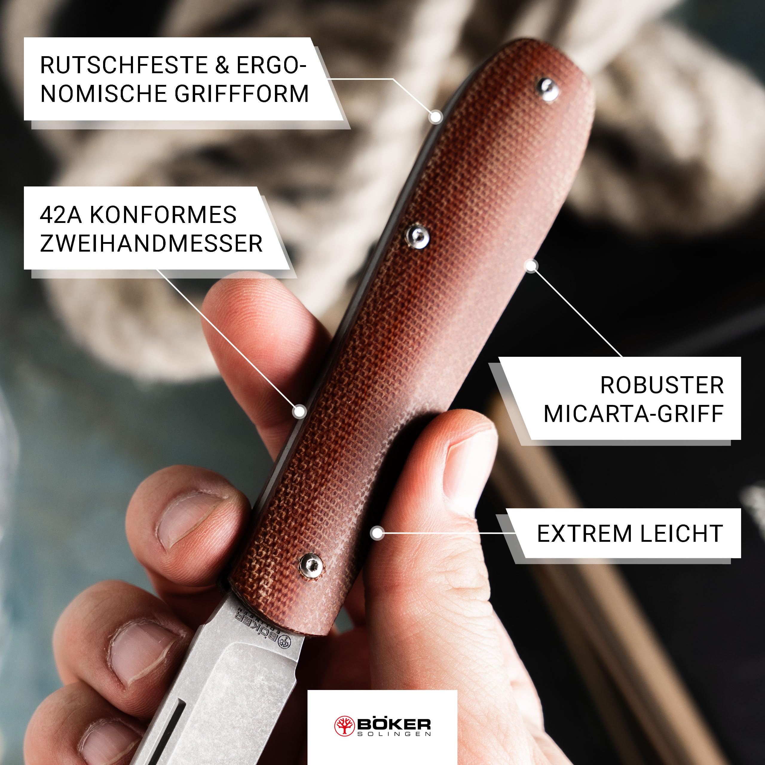 Böker SOLINGEN® Coffin Jute Micarta - handgefertigtes Taschenmesser 42a konform - EDC Zweihandmesser mit extra scharfer 8 cm MagnaCut Klinge - Premium Slipjoint Klappmesser mit Micarta Griff & Etui