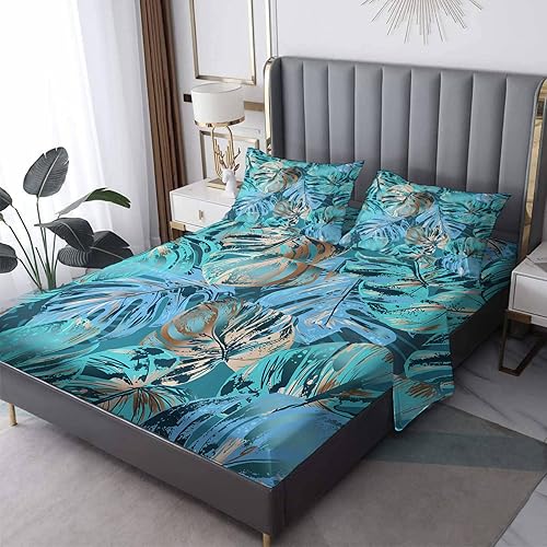 Miniatura 9 de Sábanas de crisantemo rosa para cama tamaño Queen  Sábanas de cama de hoja de Monstera dorada, microfibra suave, bolsillo profundo, sábanas y fundas