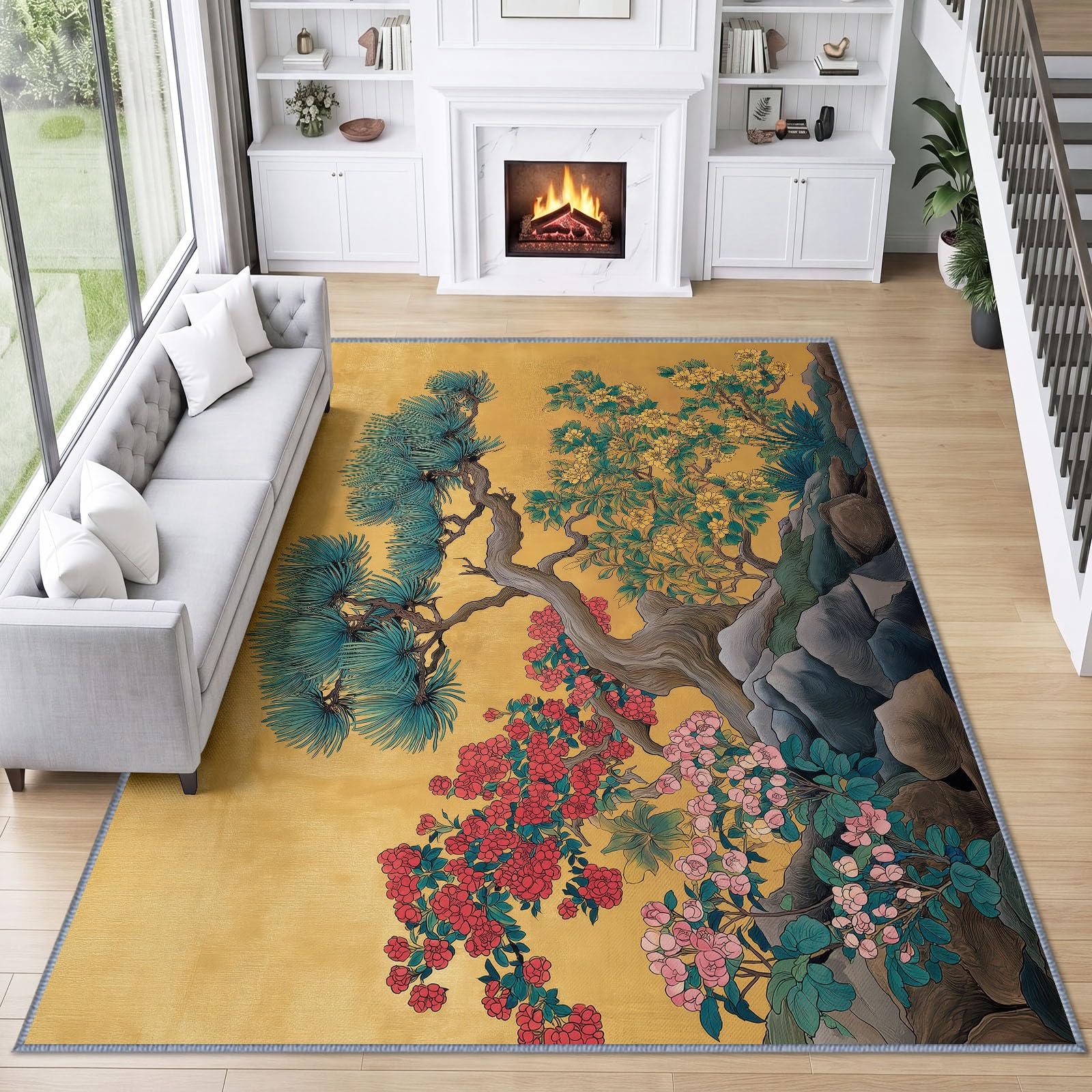 Tappeto a pelo corto, lavabile, antiscivolo, 140 x 200 cm, per soggiorno, camera da letto, aghi di pino, fiori, facile da pulire, morbido, durevole, rettangolare, orientale, classico, cucina e