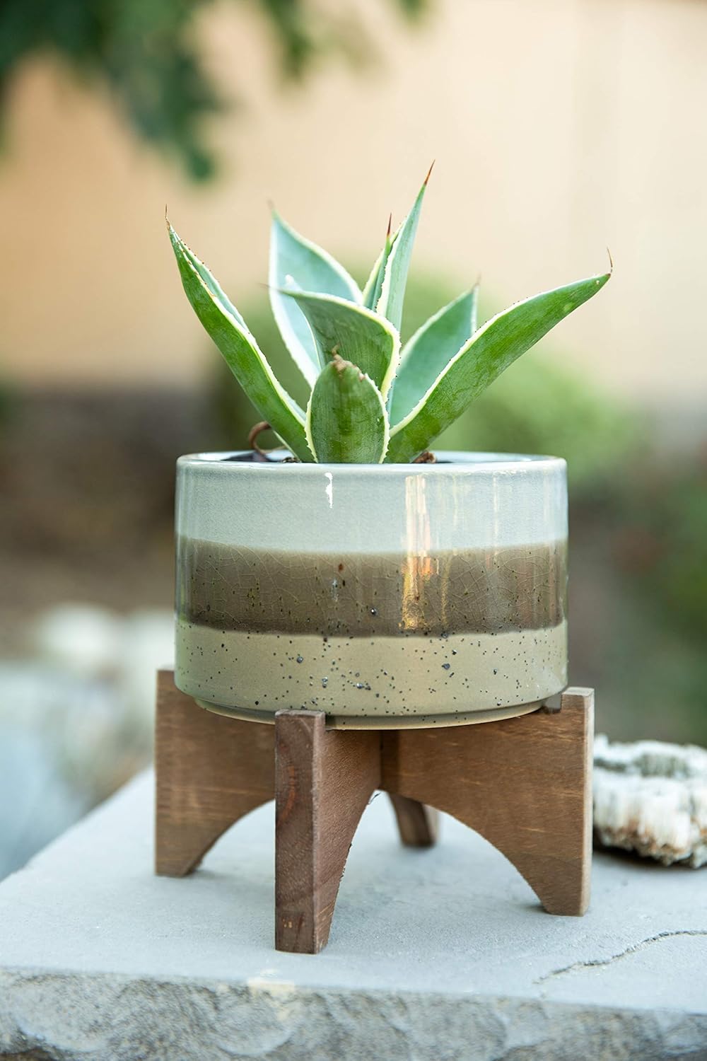 Flora Bunda 5 Inch Ash Finish Ceramic on Wood Stand Mid Century,Grey 5"