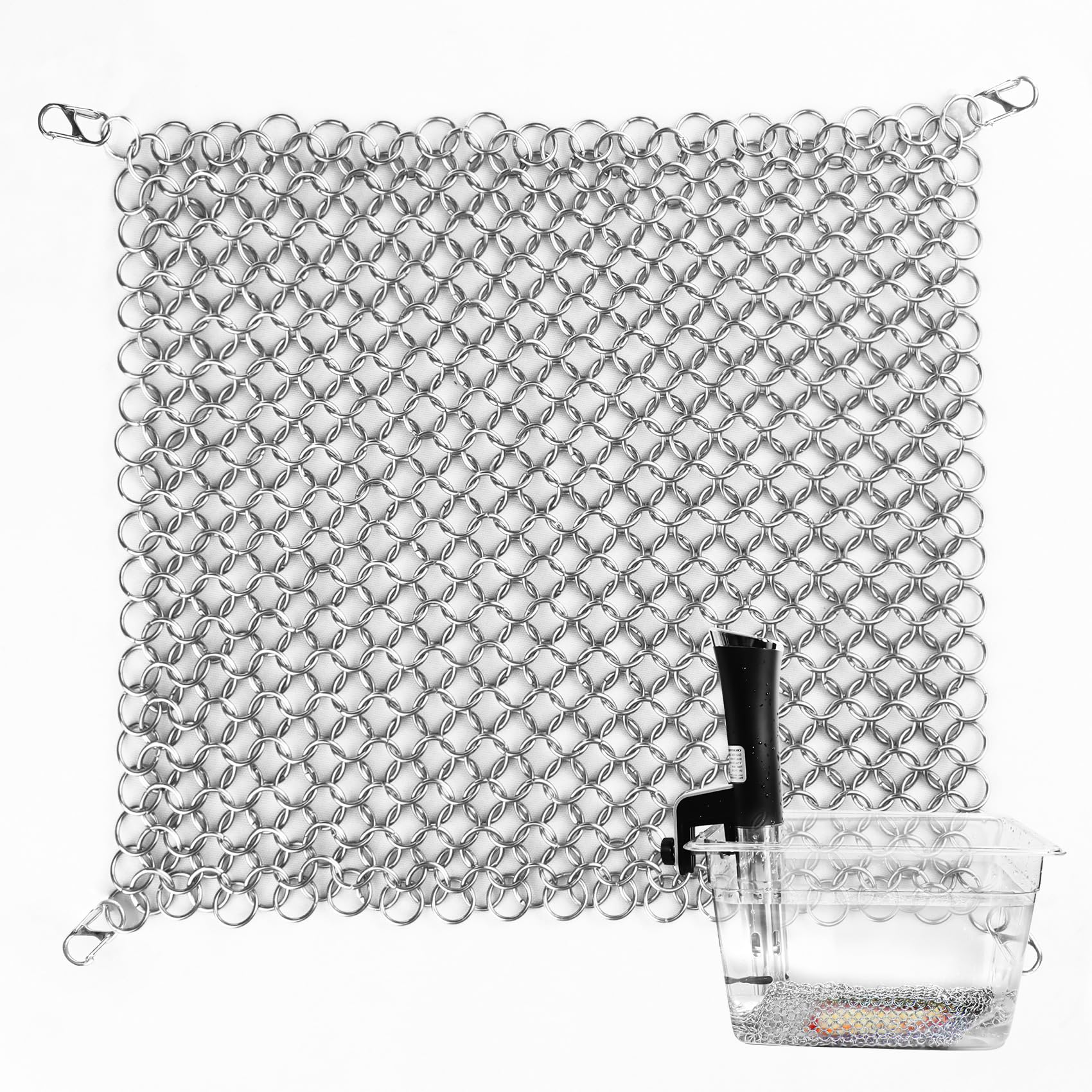 OARSE Sous Vide Weight Sinker Stainless Steel Sous Vide Accessory Kit Cooking Mesh Net Includes 4 Clips Chainmail Food Weights Mesh Prevent Undercooked Food - 13.4 inch X13.4 inch