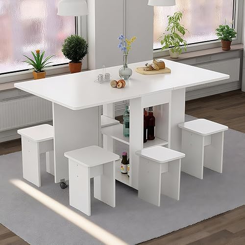 LUMISOL Juego de mesa de comedor plegable para 4, juego de mesa de cocina con 4 sillas, almacenamiento y 6 ruedas, juegos de comedor que ahorran