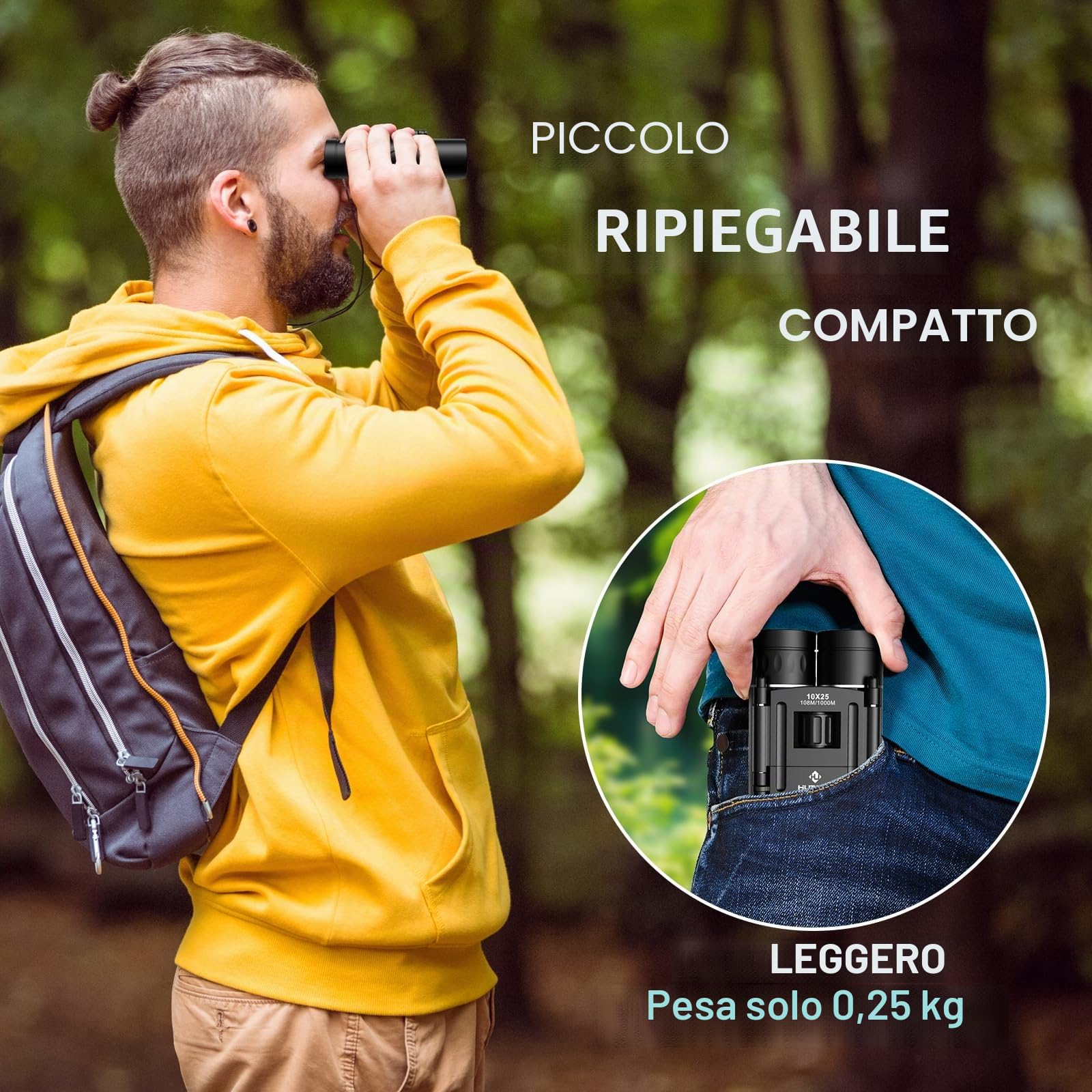 Binocolo Professionale Compatto Binocolo 10x25 per Adulti e Bambini per Birdwatching, viaggio trekking Teatro e Concerti, Caccia e Giochi Sportivi
