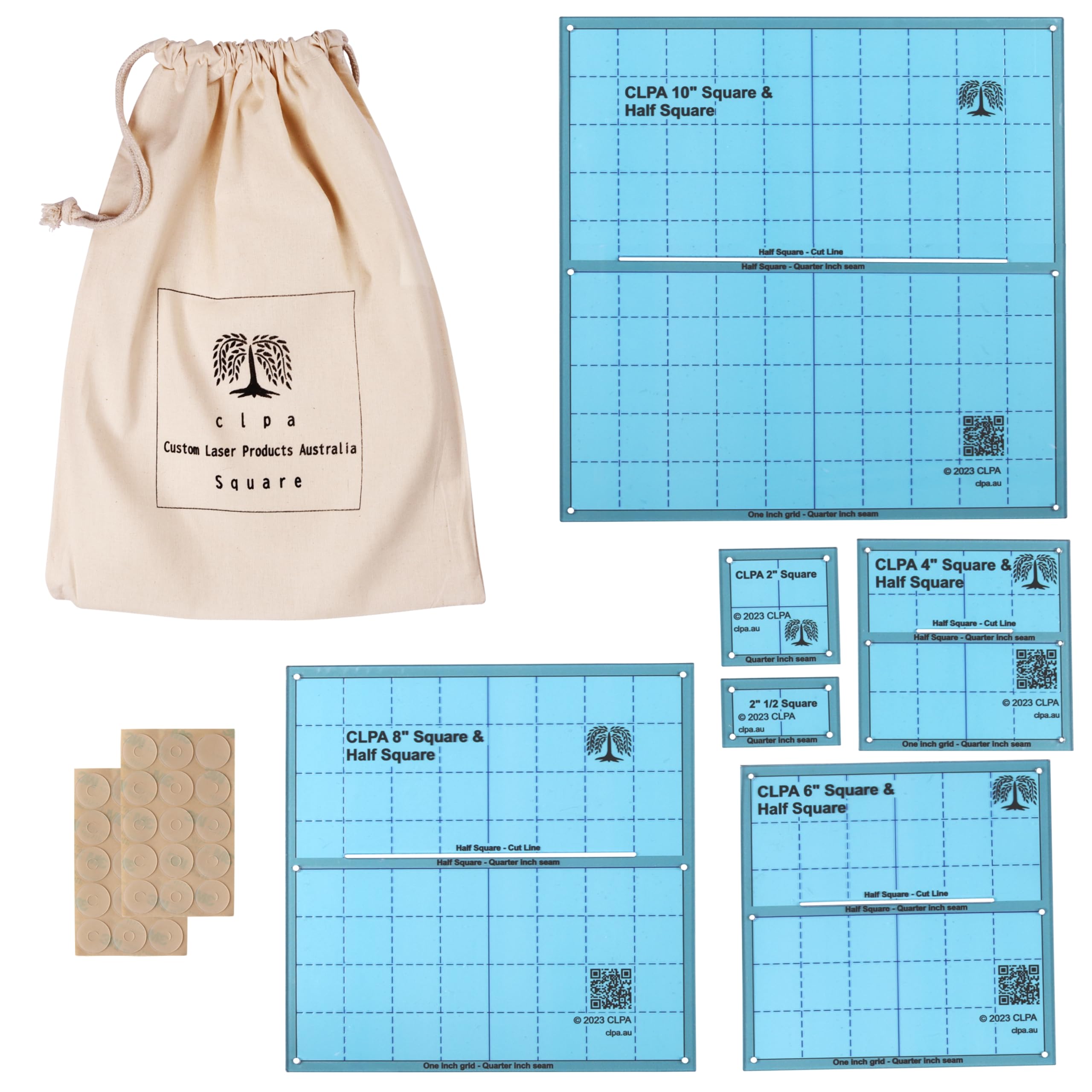 Set Of 6 Clear Square Quilting Rulers - Sizes 1" To 6" With Half-Square Slots | Non-Slip PETG Templates