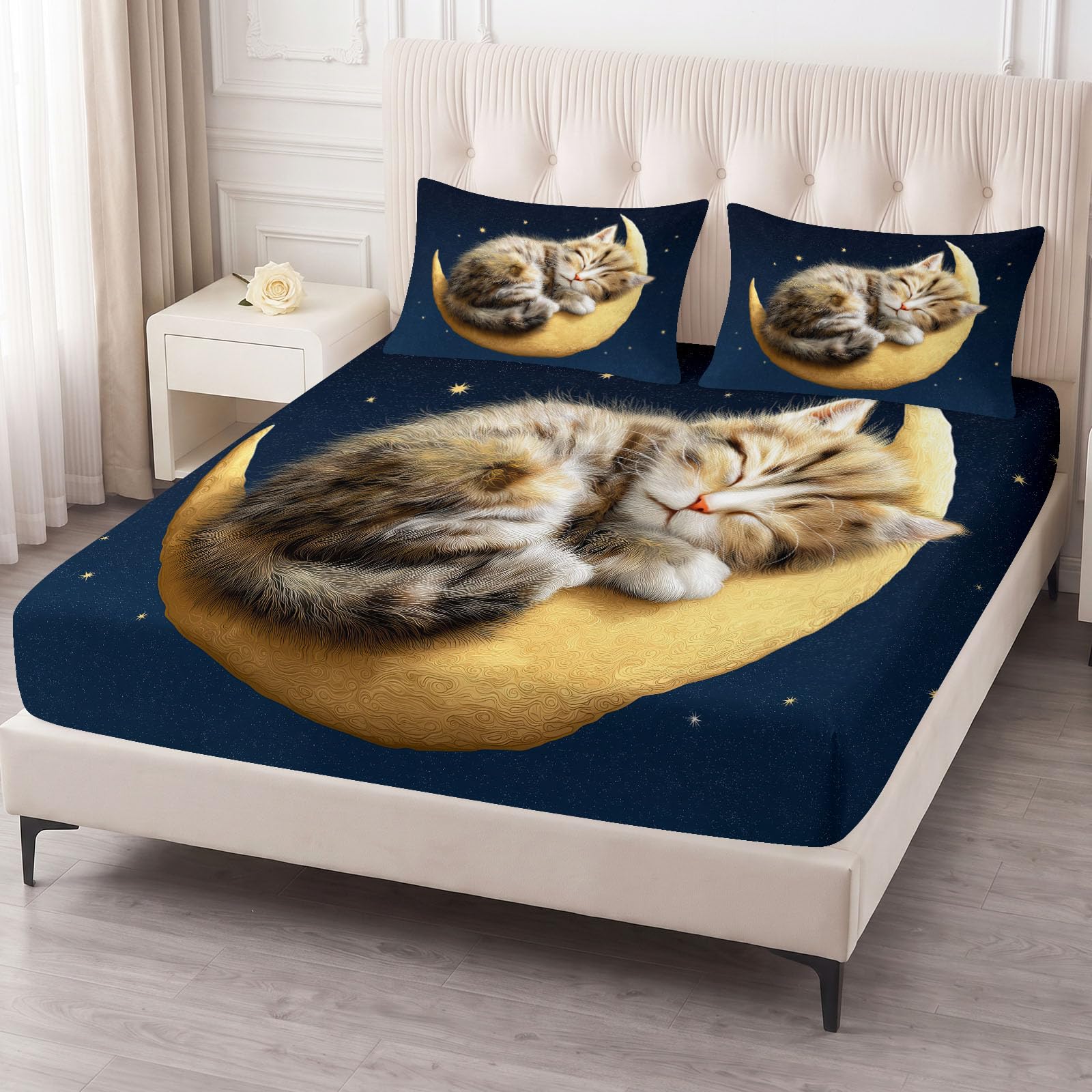 Sábana bajera ajustable de 180 x 200 cm, de fácil cuidado, 30 cm de profundidad, con luna y cielo estrellado, suave, transpirable, cómoda, para colchón Super King, color azul