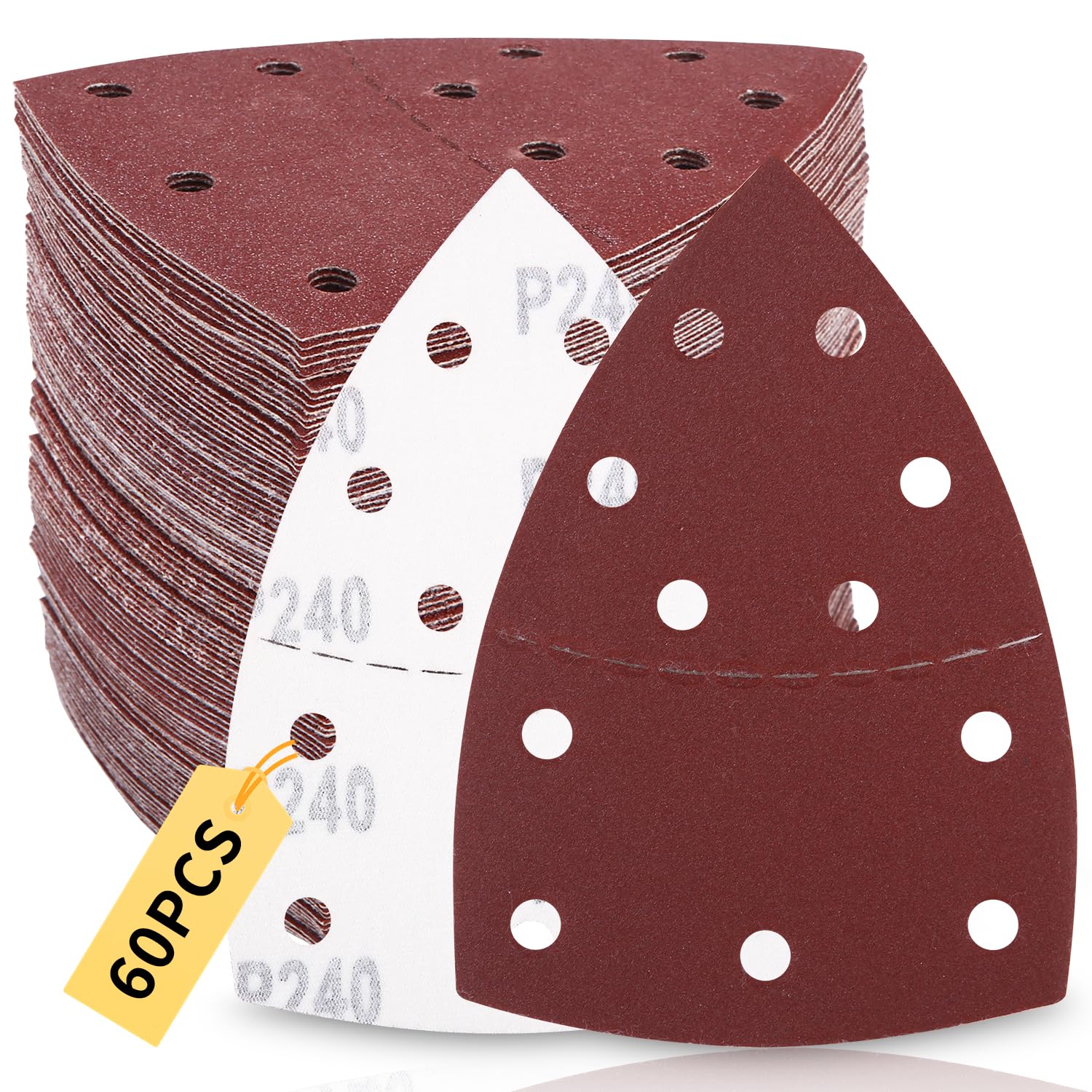Lot de 60 Papier de Verre pour Ponceuse de Détail de Souris, Grain 40 60 80 120 180 240, Papier a Poncer Triangulaire Professionnel pour Ponçage et Polissage, Papier de Ponçage à 11 Trous