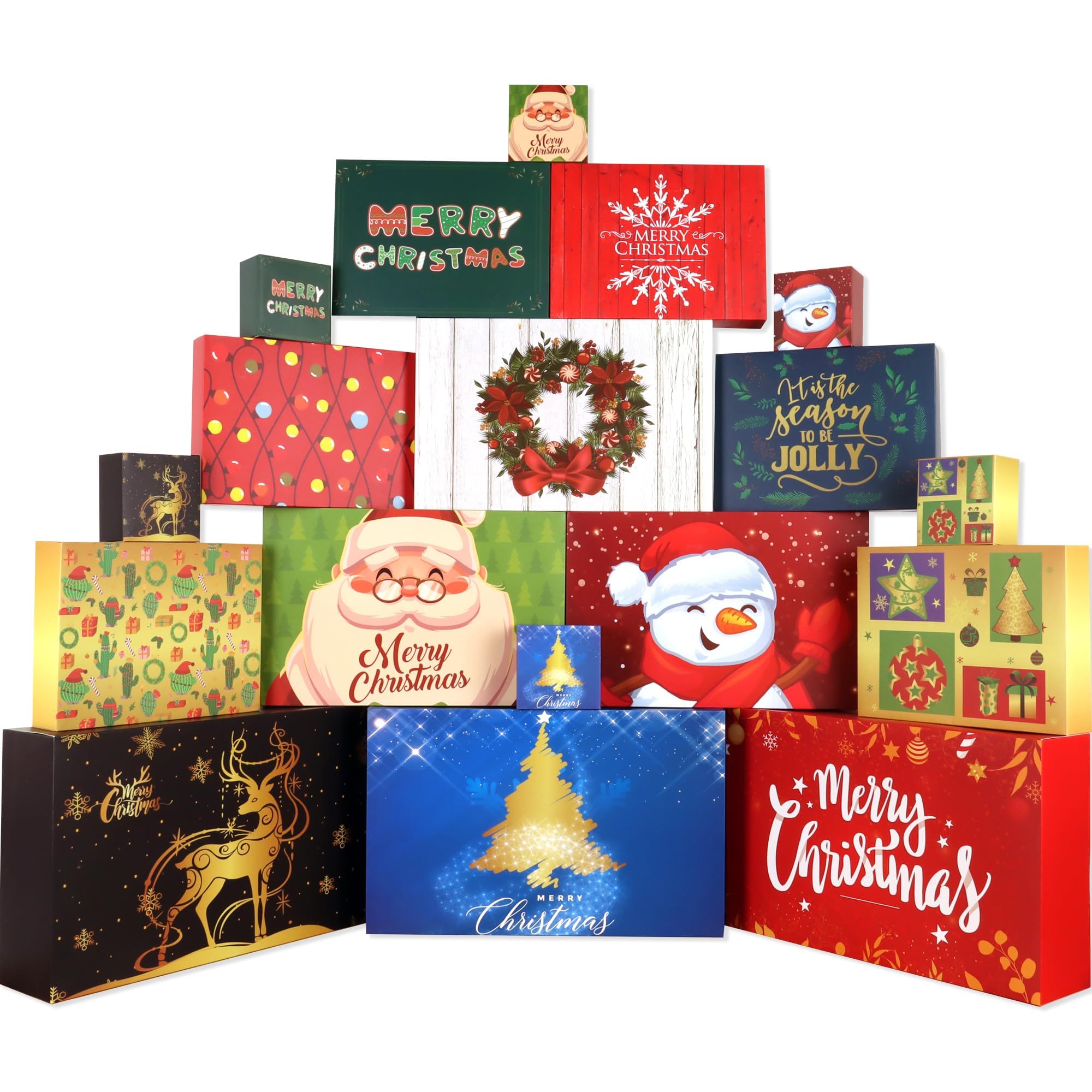 Giiffu 18 Pack Christmas Boxes with Lids for Gifts –4 Assorted Sizes & 12 Designs – Decorative Holiday Wrapping Boxes Set with Gift Tag Stickers – Ideal for Xmas & Birthday Presents