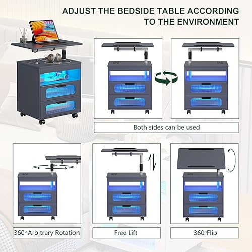 Miniatura 7 de HNEBC Juego de 2 mesitas de noche LED con estación de carga inalámbricapuertos USB, mesita de noche inteligente con estación de trabajo giratoria