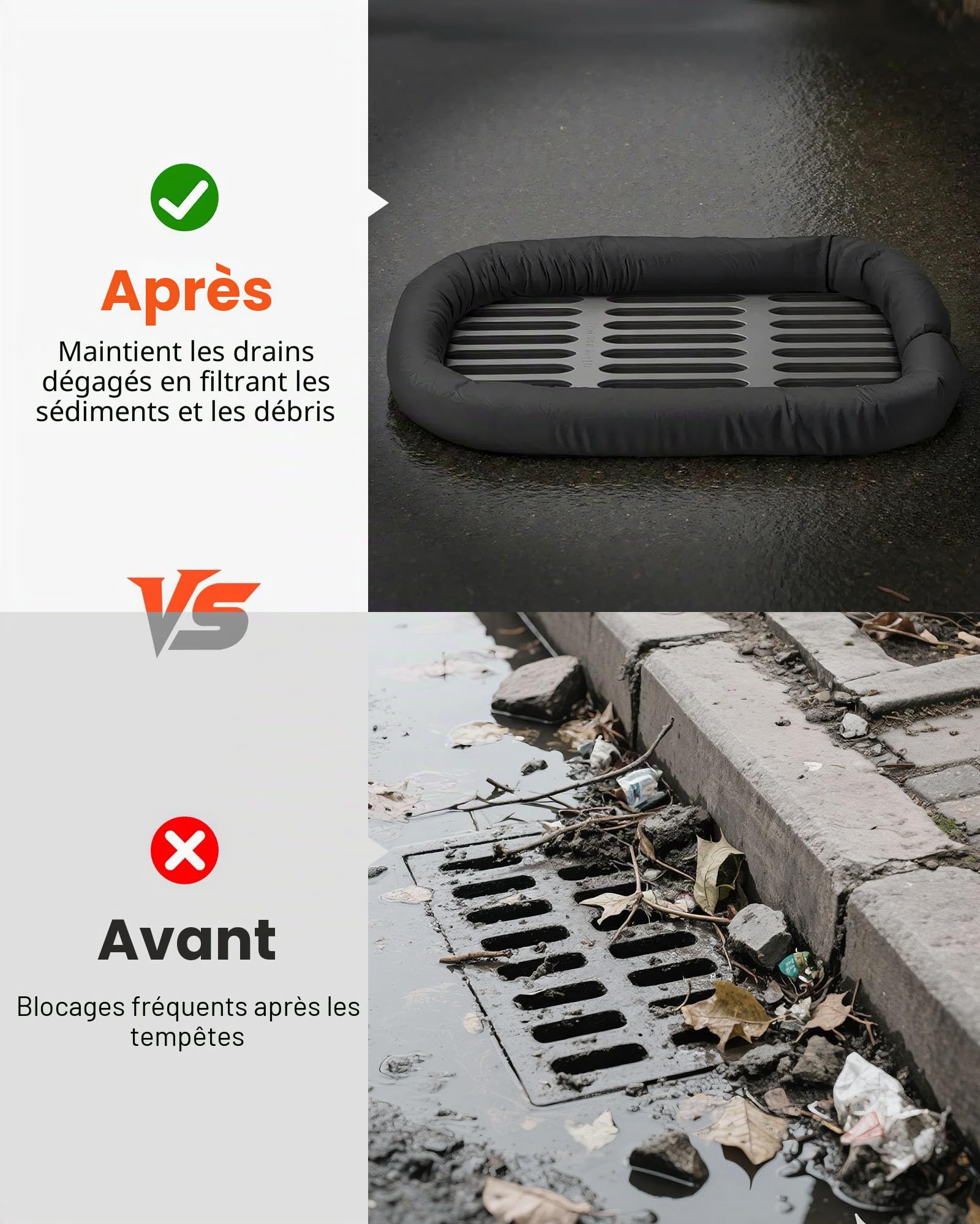VEVOR Boudin Filtrant à Sédiments, 12,7 cm x 3 m, Boudin Rétention de Feuilles Débris Anti-érosion, Remplissage en Polypropylène, pour Gestion Eaux Pluviales, Protection du Drainage Égouts Pluviaux