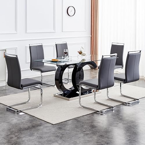 Miniatura 15 de Juego de mesa de comedor Ebullient para 6, juego de mesa de comedor de 7 piezas, tapa de mesa de cristal templado, mesa moderna de comedor con 6