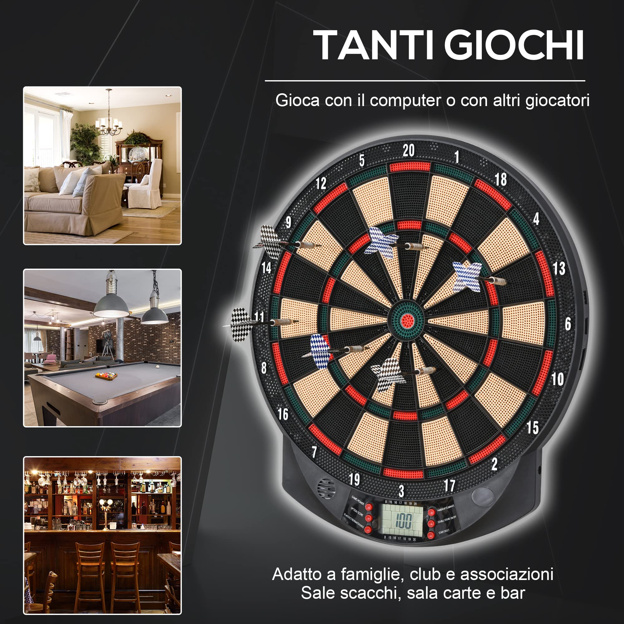 HOMCOM Bersaglio a Freccette Elettronico PP 26 Giochi 185 Opzioni Punteggio 44x39.5x2.2cm Nero
