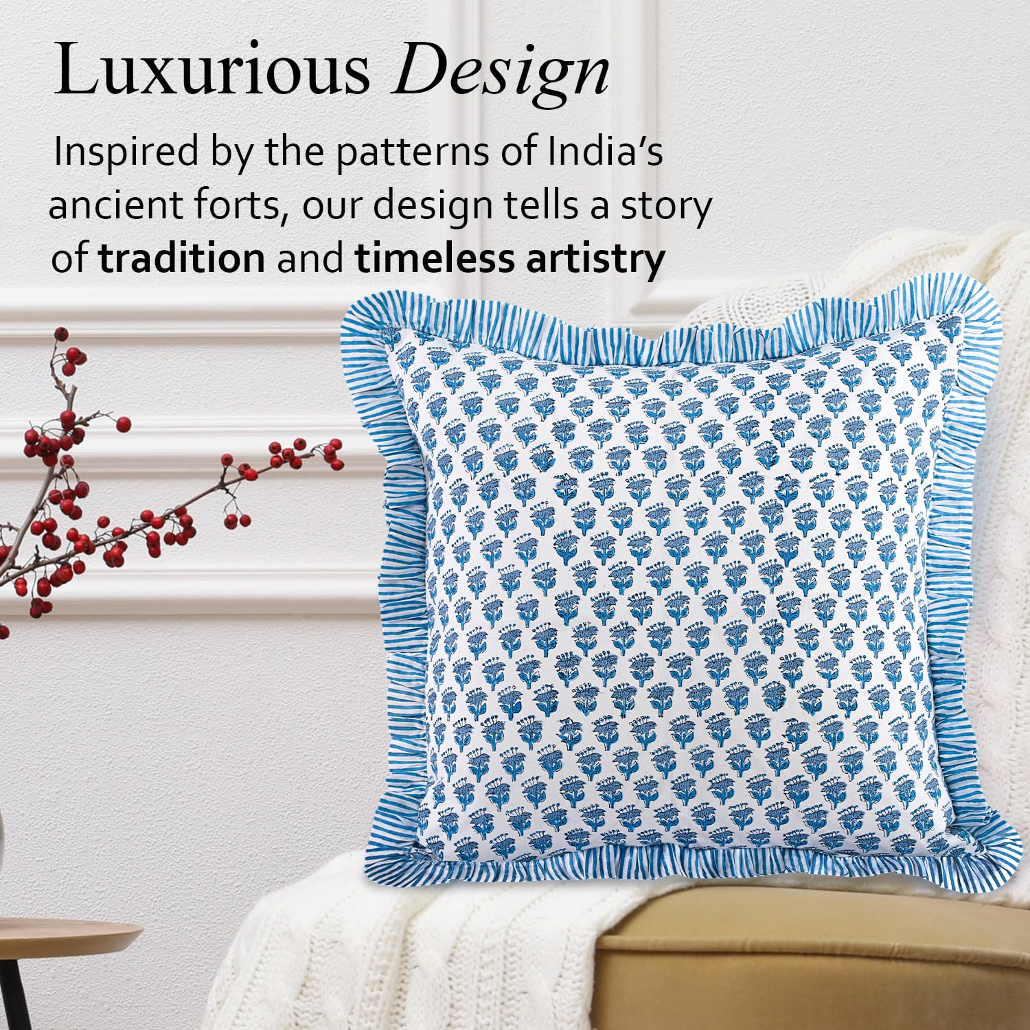 CPC Housse de Coussin à Volants en Coton à Rayures pour canapé, 45,7 x 45,7 cm, taie d'oreiller à Volants et Fermeture éclair dissimulée de 35,6 cm, Bleu Apatite