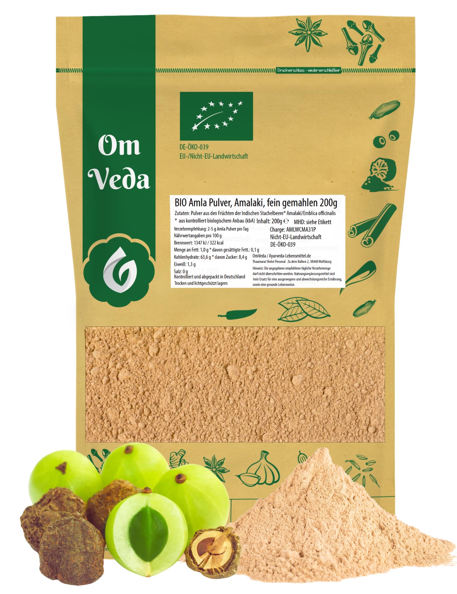 Amla Pulver BIO 200g | Amalaki Indische Stachelbeere Amla Beeren Pulver fein gemahlen | Bio-Qualität Organic Amla Powder Ayurveda Küche Naturprodukt
