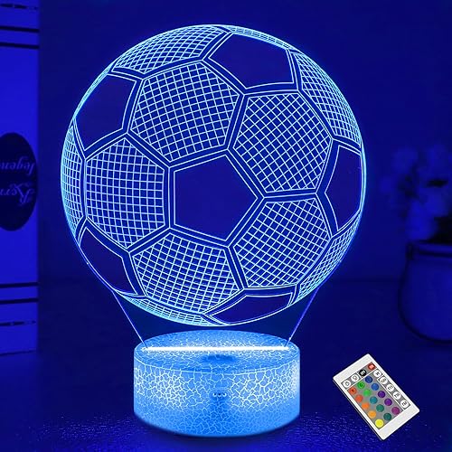FULLOSUN Regalo de fútbol, luz nocturna de fútbol (con control remoto), lámpara de ilusión 3D de 16 colores cambiantes, idea de regalo para niños y