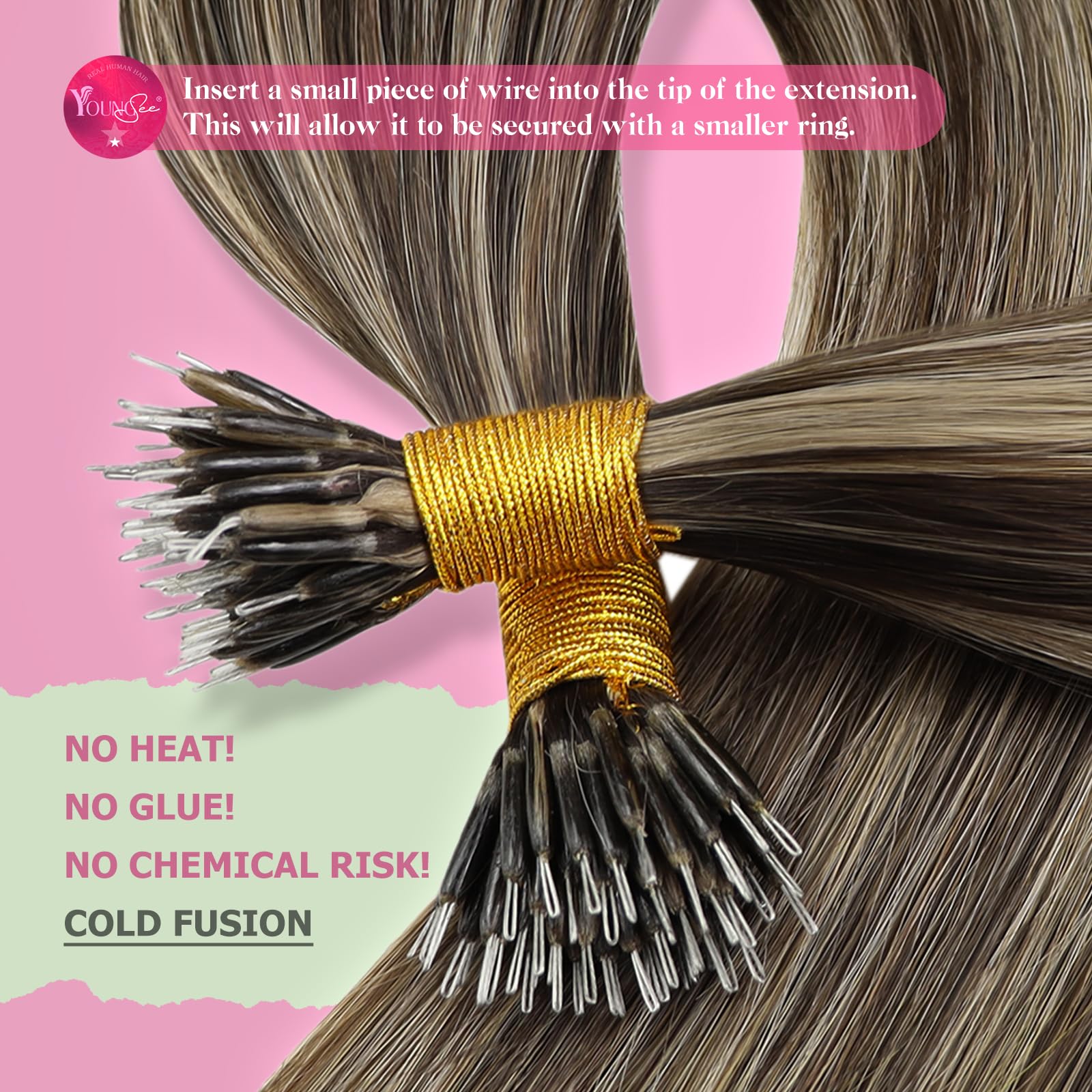 YoungSee YoungSee Nano Link Hair Extensions Human Hair Dark Brown Highlights Caramel Blonde Nano Ring Human Hair Extensions Cold Fusion Hair Extension Nanobead 16in Invisible Nanoloop Extension 50 Strands 50g in use