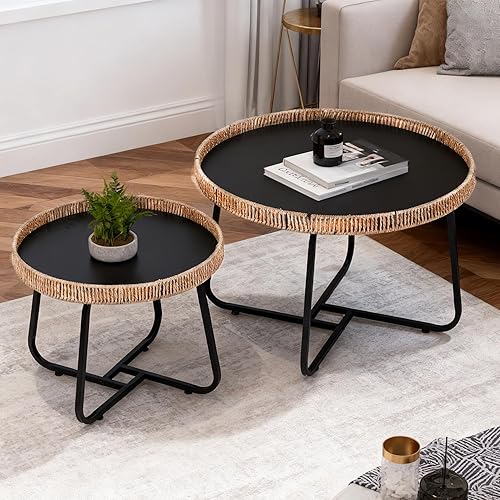 Miniatura 6 de Juego de 2 mesas auxiliares pequeñas redondas anidables con marco de metal, mesas auxiliares circulares modernas para sala de estar, dormitorio,