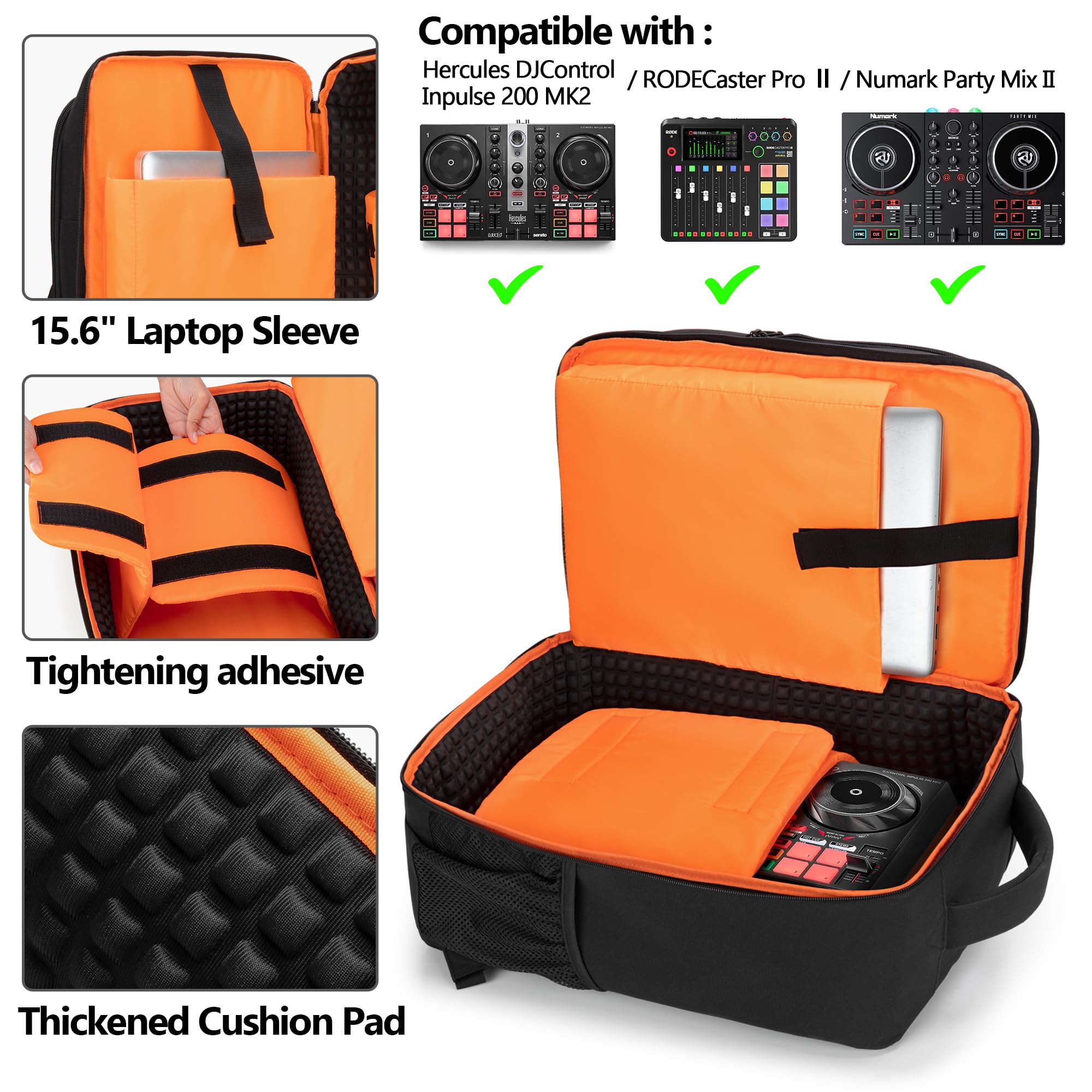 PGmoon DJ Controller Tasche Kompatibel mit RODECaster Pro II, Numark Party Mix II, Hercules Inpulse 200MK2, DJ Mixer Rucksack mit Multitasche für Mikrofon, Kabel und DJ Zubehöhr-Patent Design