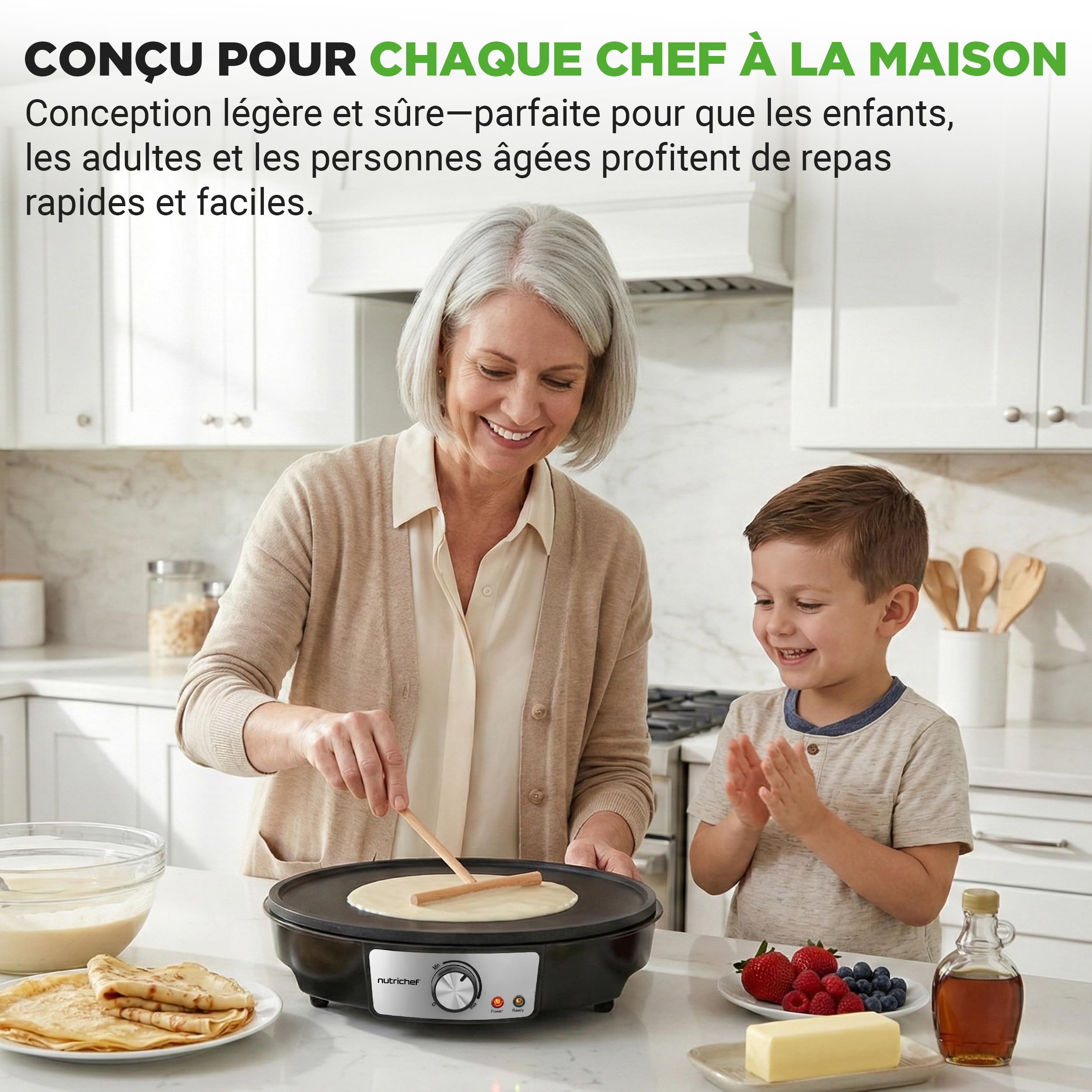 NutriChef Crêpière Électrique 30 cm – Plaque en Aluminium Antiadhésive avec LED, Thermostat Réglable, Spatule Bois et Râteau Inclus