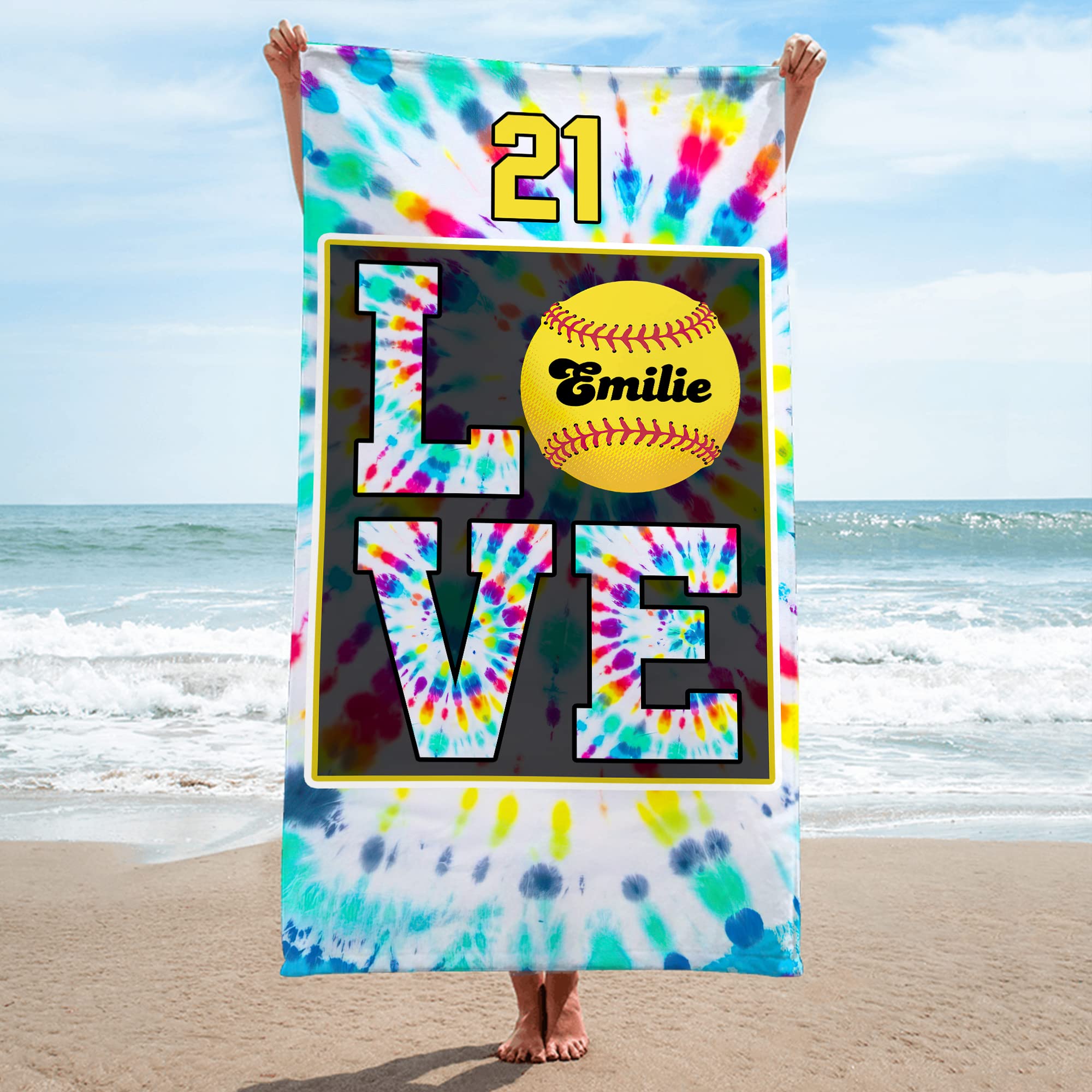 SATIGI Love Softball Beach Towel for Girl,Women,Softball Lovers for Women Beach Towels 60x30, 72x36 Inches Travel Towel Beach Softball Gift
