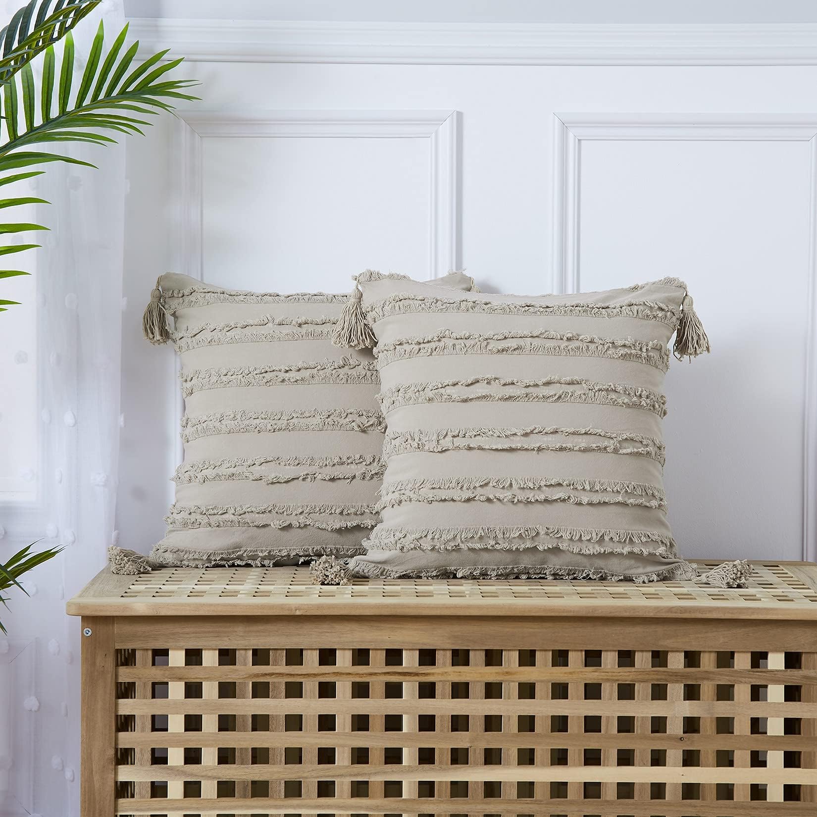 CAROMIO Cushion Covers with Tassels 45 x 45cm Boho Striped Decorative Pillow Covers Square Pillowcase for Farmhouse Couch Sofa Chair 18x18 inch Set of 2 Beige