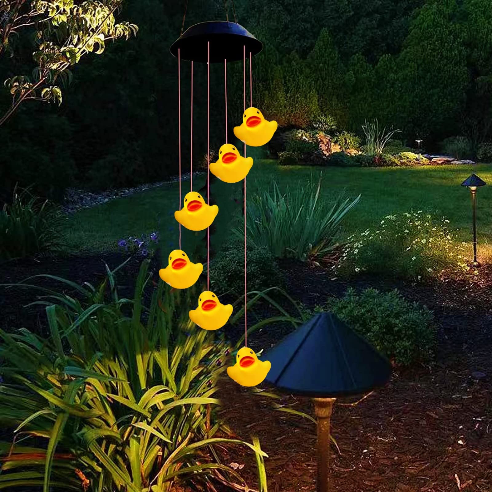 Solar Yellow Duck Wind Chime,Changing Color LED Duck String Light for Women Kids Birthday Valentine Gifts Patio Lawn Decor (Yellow Duck)