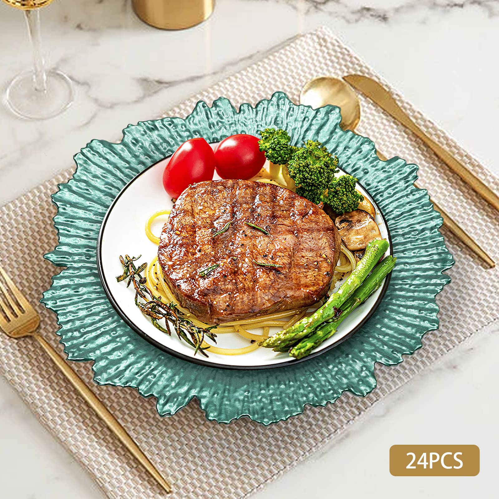 Zestaw 24 zielonych okrągłych talerzy z ładowarką, 33 cm, dekoracyjne talerze do serwowania na wesela, imprezy, wytłaczane tace na przekąski, elegancka dekoracja stołu obiadowego kuchni