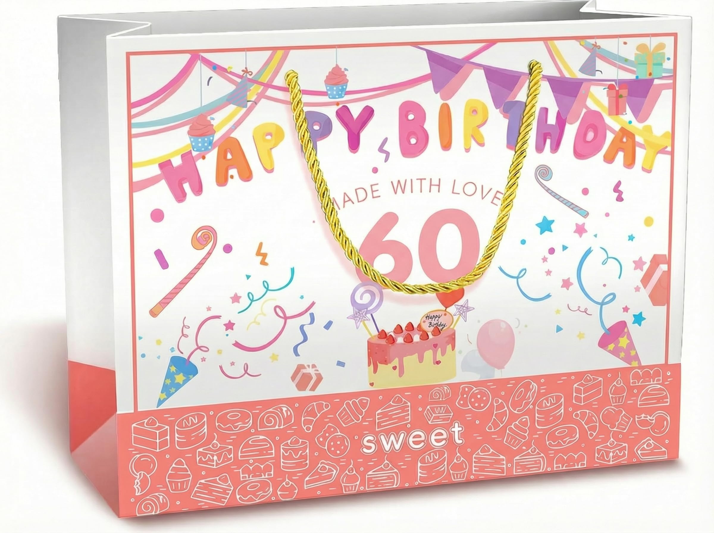BOPLYBAY Age 60 Birthday Gift Bag with Card & Tissue Paper, 60th Birthday Party Gift Bag for Girls, Cute Ready-to-Use Gift Packaging
