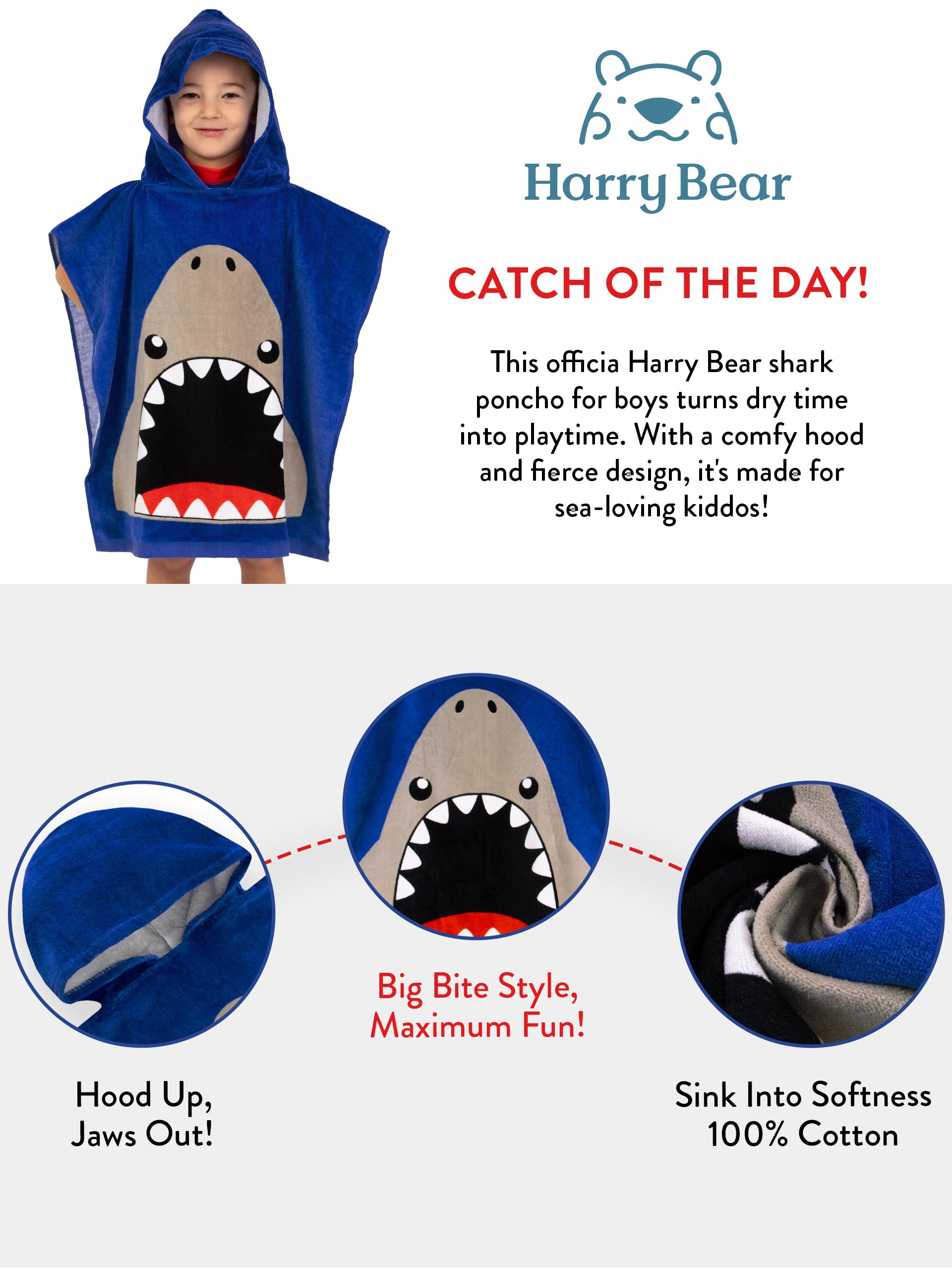 Harry Bear Poncho Mare Bambino, Accappatoio Ragazzo Con Cappuccio, Poncho Bambini Squalo, Accappatoio Bambino Cotone, Taglia Unica, Blu