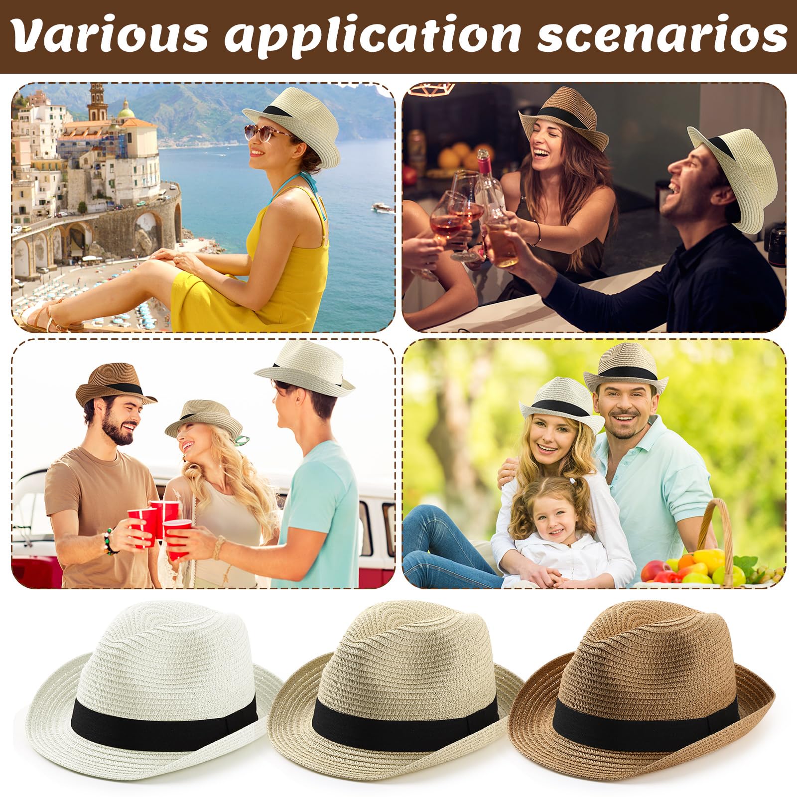 Jeyiour Lot de 24 chapeaux en paille pour femme, chapeaux panama en vrac pour homme, chapeaux courts à bord court emballables pour le soleil, chapeaux d'été en paille pour la plage, kaki, beige et