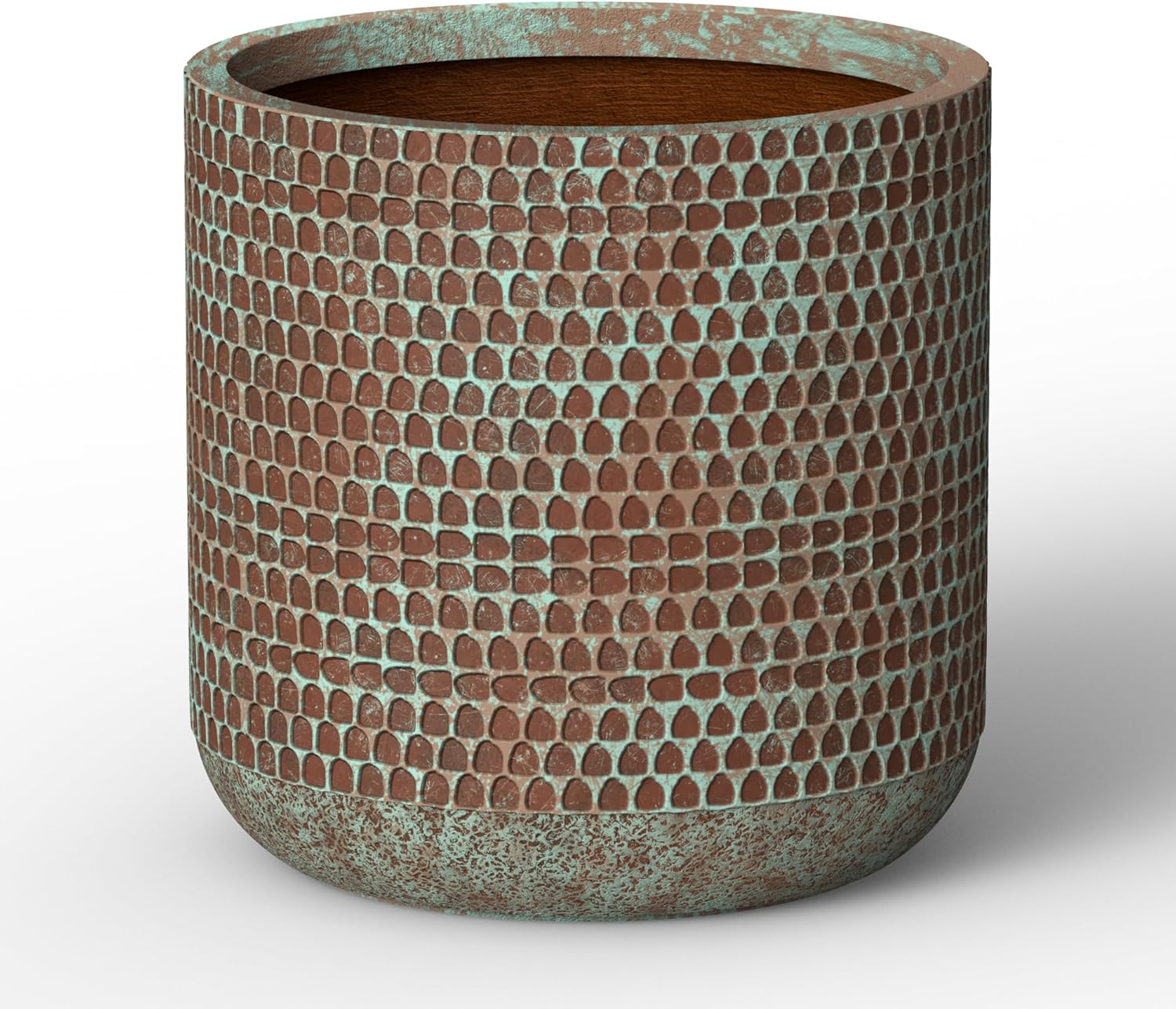 15.7-Inch Round Concrete Planter with Irregular Grid Texture, Mineral Speckled Surface Plant Pot with Drainage Hole, Ideal for Trees, Flowers, Shrubs, Verdigris Mist