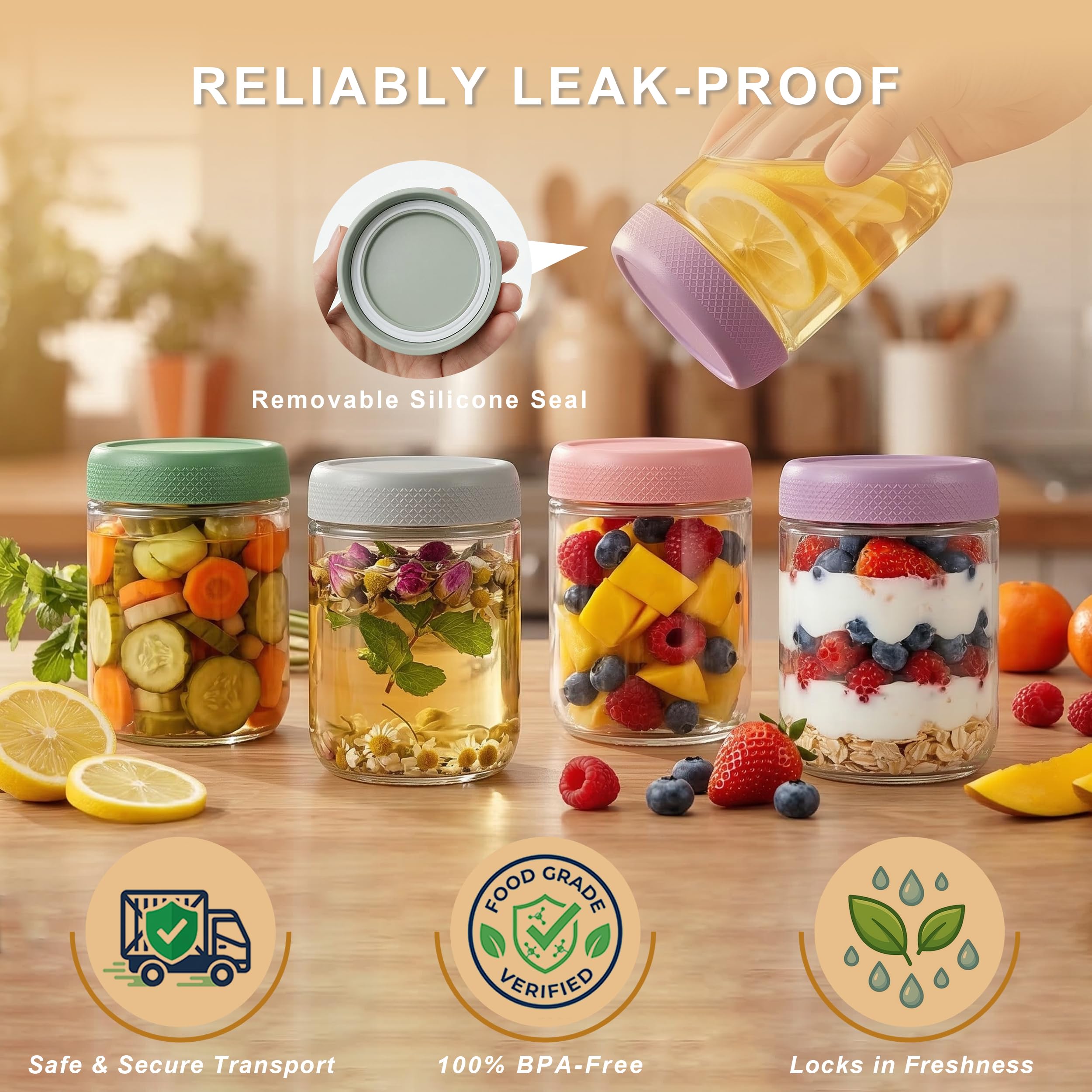 Overnight Oats - 4 bicchieri da 500 ml, a prova di perdite, con tappo a vite e anello in silicone, ideali come contenitore Meal Prep, per yogurt, per cereali, marmellate e alimenti per bambini