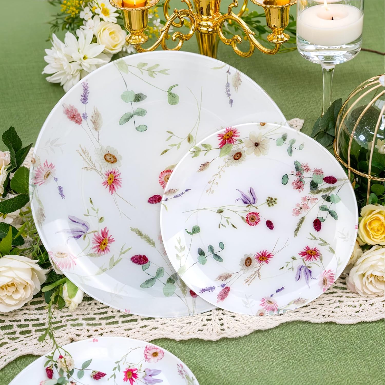 LIYH 32 Pcs Floral Plates Set Heavy Duty Plastic Plates Spring Pink Floral Plastic Plate Elegant Wedding Baby Shower Flower Dinnerware Set - 10.25" Dinner & 7.5" Dessert Plate - Image 3