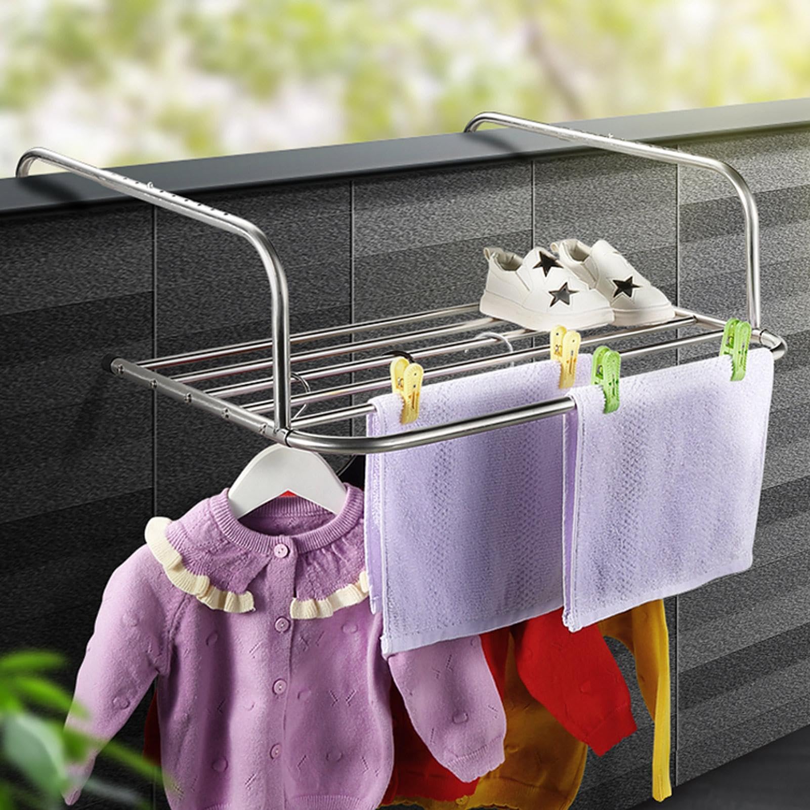 Tendedero de ropa para balcón, perchas, tendedero de ropa, radiador de bar, tendedero con longitud ajustable y diseño telescópico, estante colgante para balcón, dormitorio, terraza