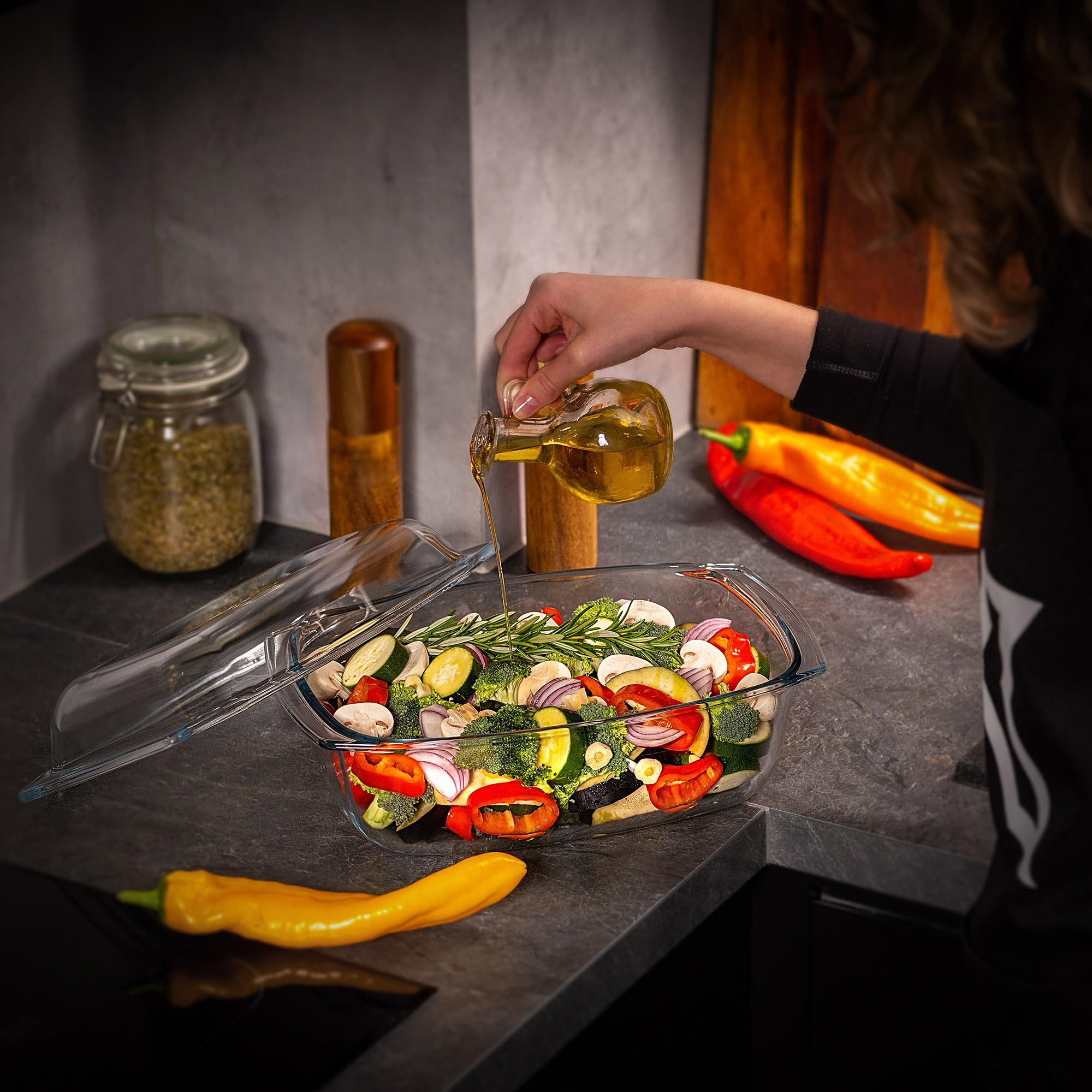 KADAX Pirofila in Vetro con Coperchio Resistente al Calore - Rettangolare - Cottura al Forno - Recipiente Ignifugo per Lasagne e Arrosti con Coperchio Protettivo su Misura