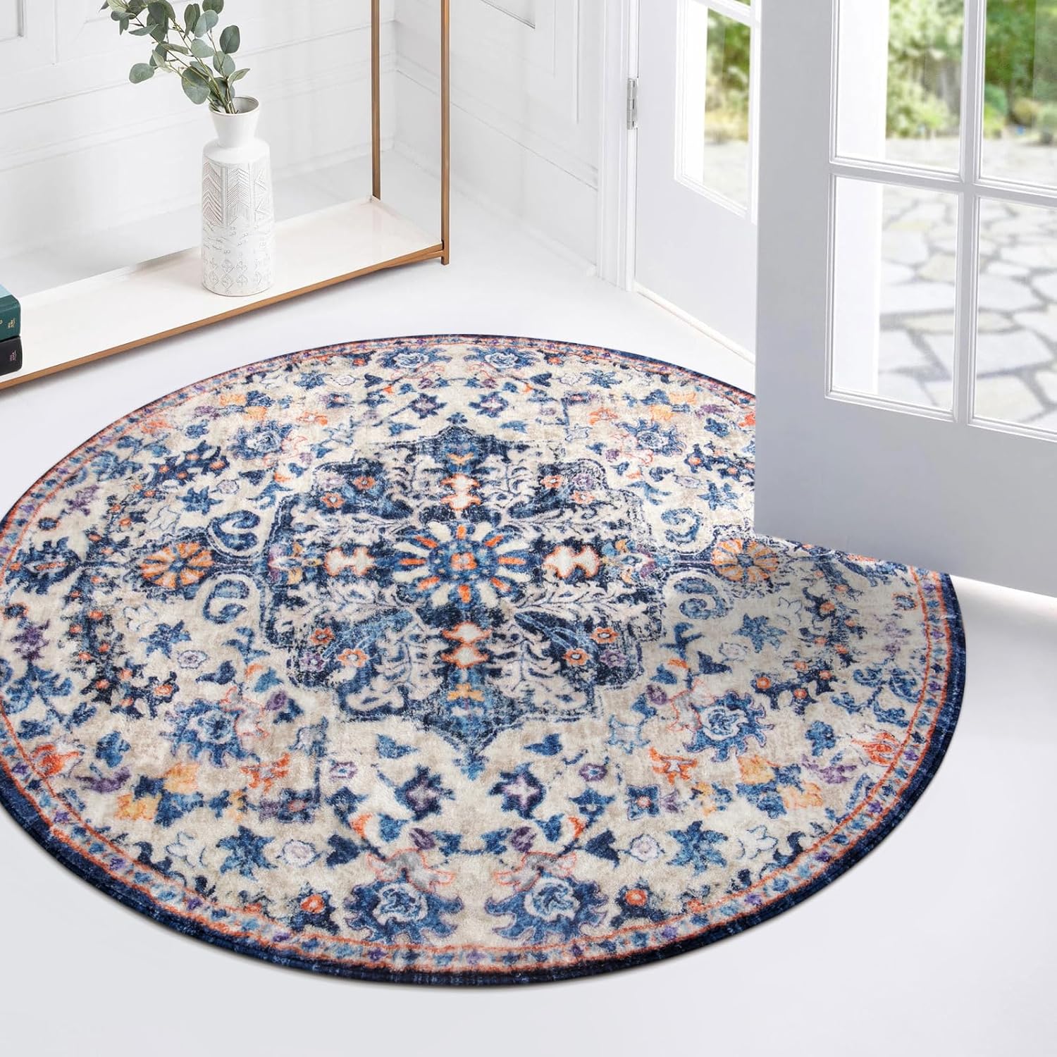 Lahome Reine Bohemian Round Rug 3Ft Small Bedroom Round Area Rug Soft Bathroom Circle Mat, Vintage Washable Non Slip Low Pile Indoor Floor Carpet for Kitchen Laundry Entryway, Blue Purple/Multi