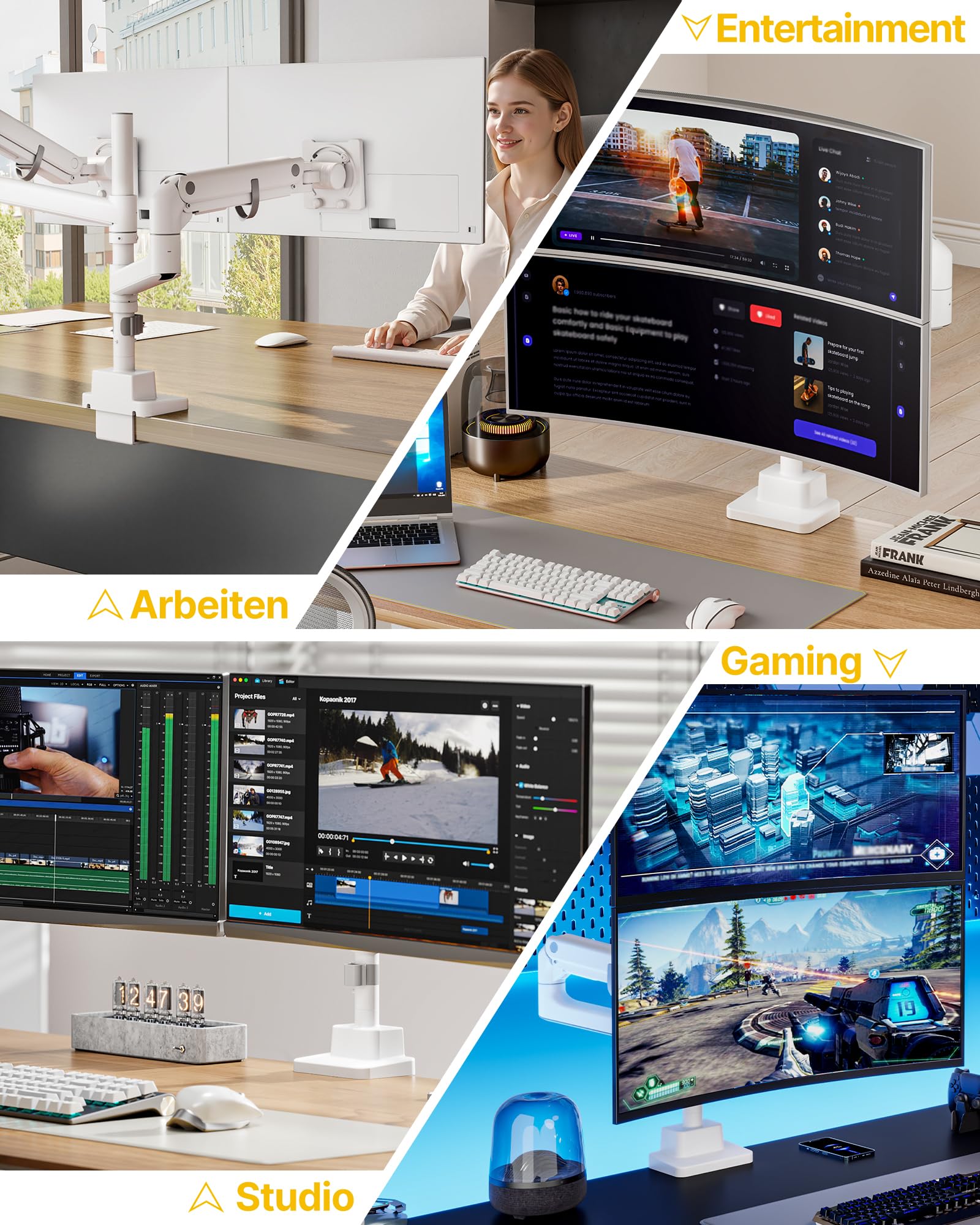 monTEK Monitor Halterung 2 Monitore für 17-57 Zoll Bildschirme bis zu 27 kg | Aluminium Schwerlast-Gasfeder, für Gebogene Bildschirme Verstellbarer Monitorständer, 75/100 mm VESA Halterung, Weiß