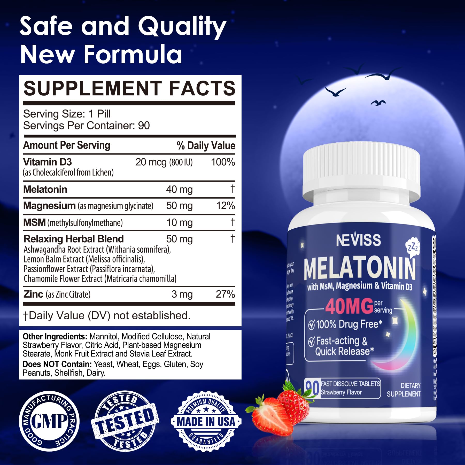 Melatonin 40 mg for Adults - Fast Dissolve & Chewable Sublingual Sleep Supplement - Extra Strength Melatonin with Vitamin D3 & MSM, Selenium for Health Rest Cycle, Deep Zzzs, Sugar-Free, 180 Servings — Amazon image 2