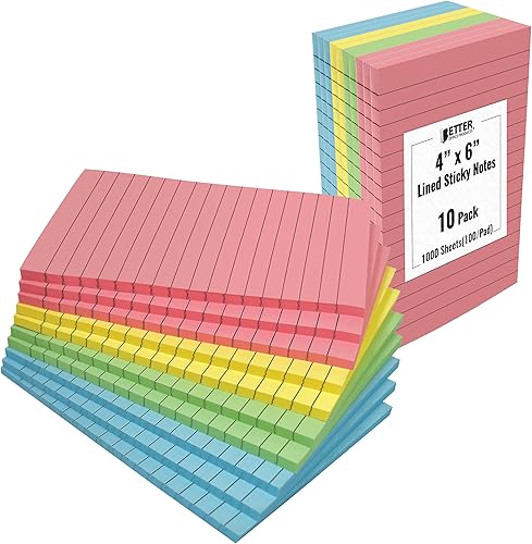 Miniatura 1 de Better Office Products Notas adhesivas forradas, 4 x 6, paquete de 10, 500 hojas (50/bloc), notas autoadhesivas con líneas, 4 colores pastel