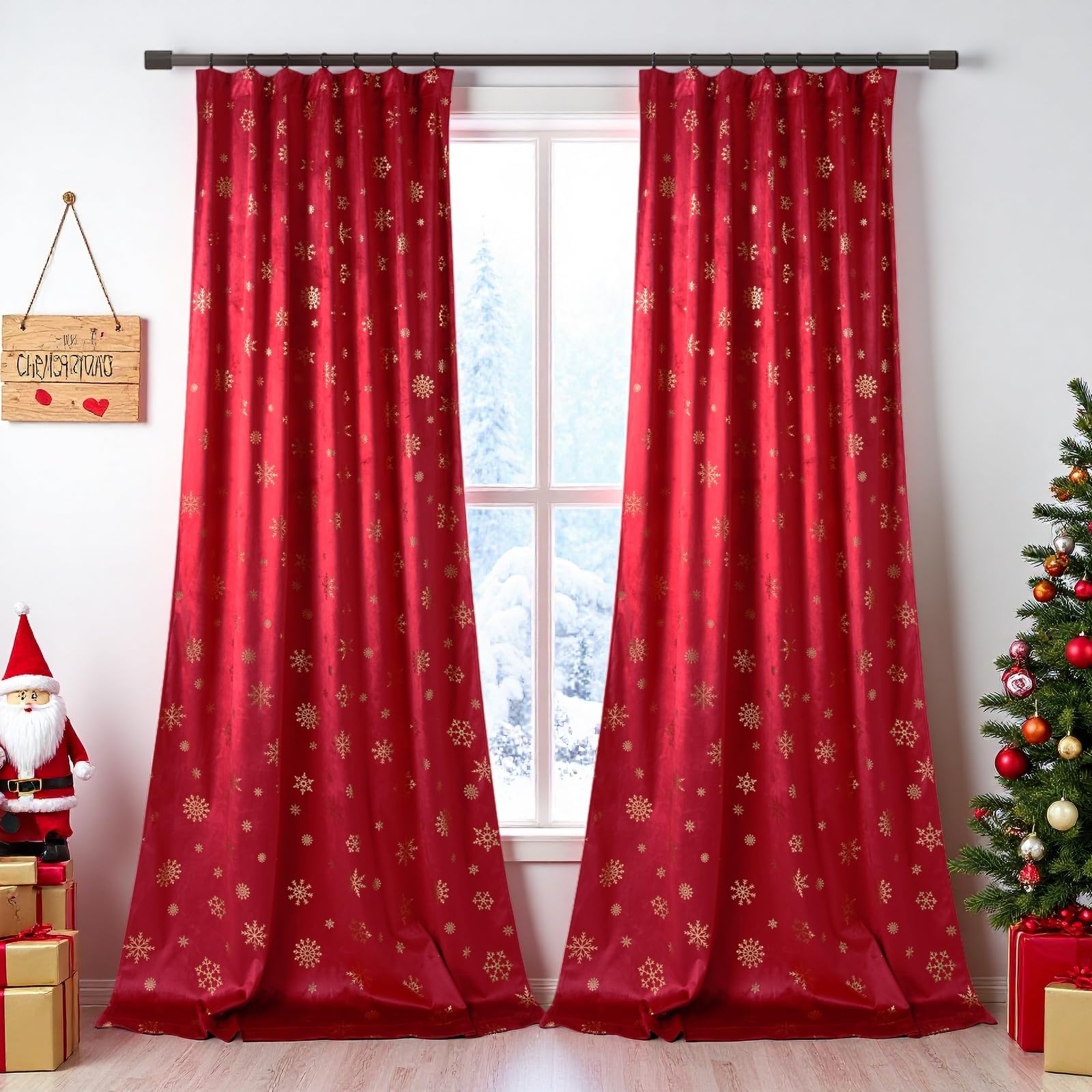 Weihnachtsvorhänge Samt mit Schneeflocken Goldfolie Muster, 2er Set H244xB132cm Schöne Samtvorhänge Kräuselband, Blickdicht Gardinen Thermovorhang für Wohnzimmer Schlafzimmer (Weihnachtsrot)