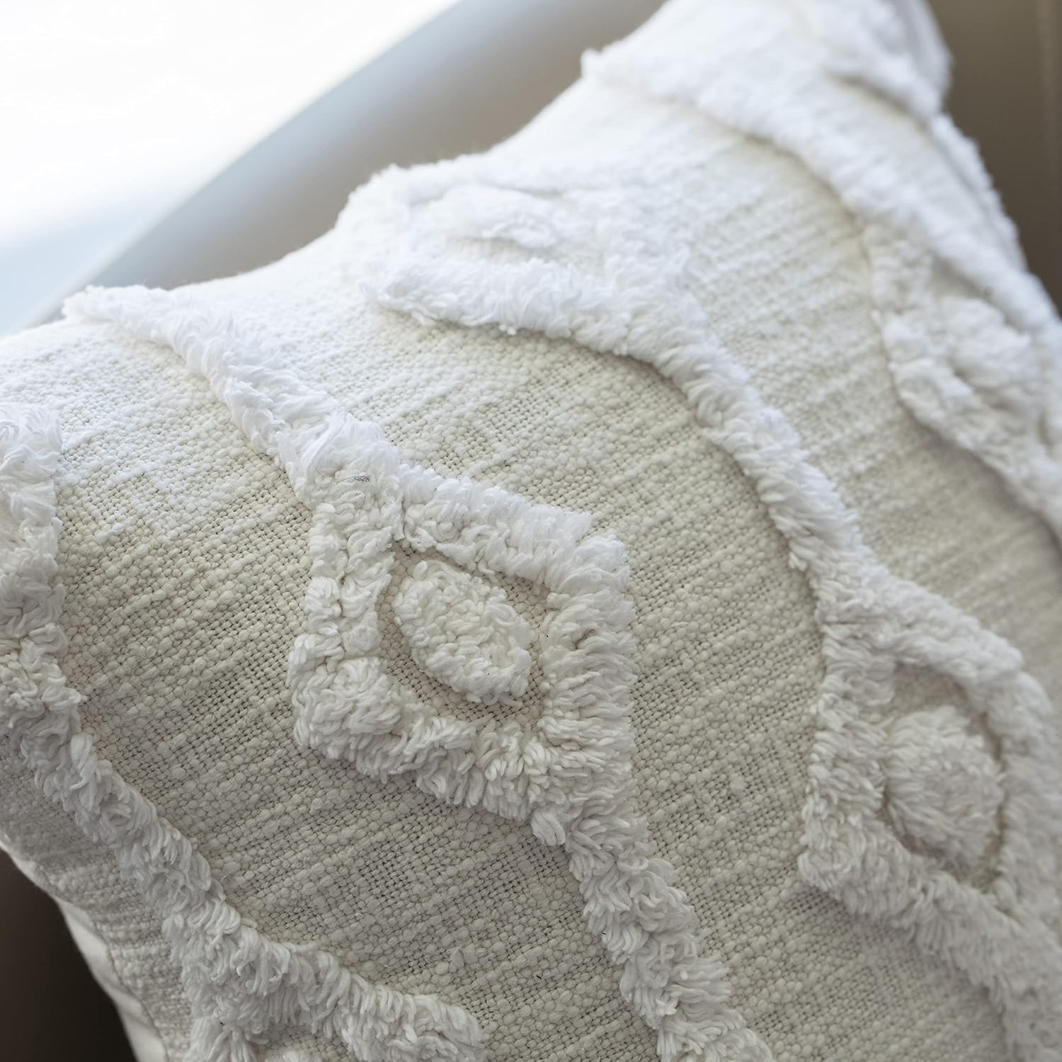 Deerlux 16" Handwoven Cotton Throw Pillow Cover with Small White Tufted Diamond Pattern and Tassel Corners, White