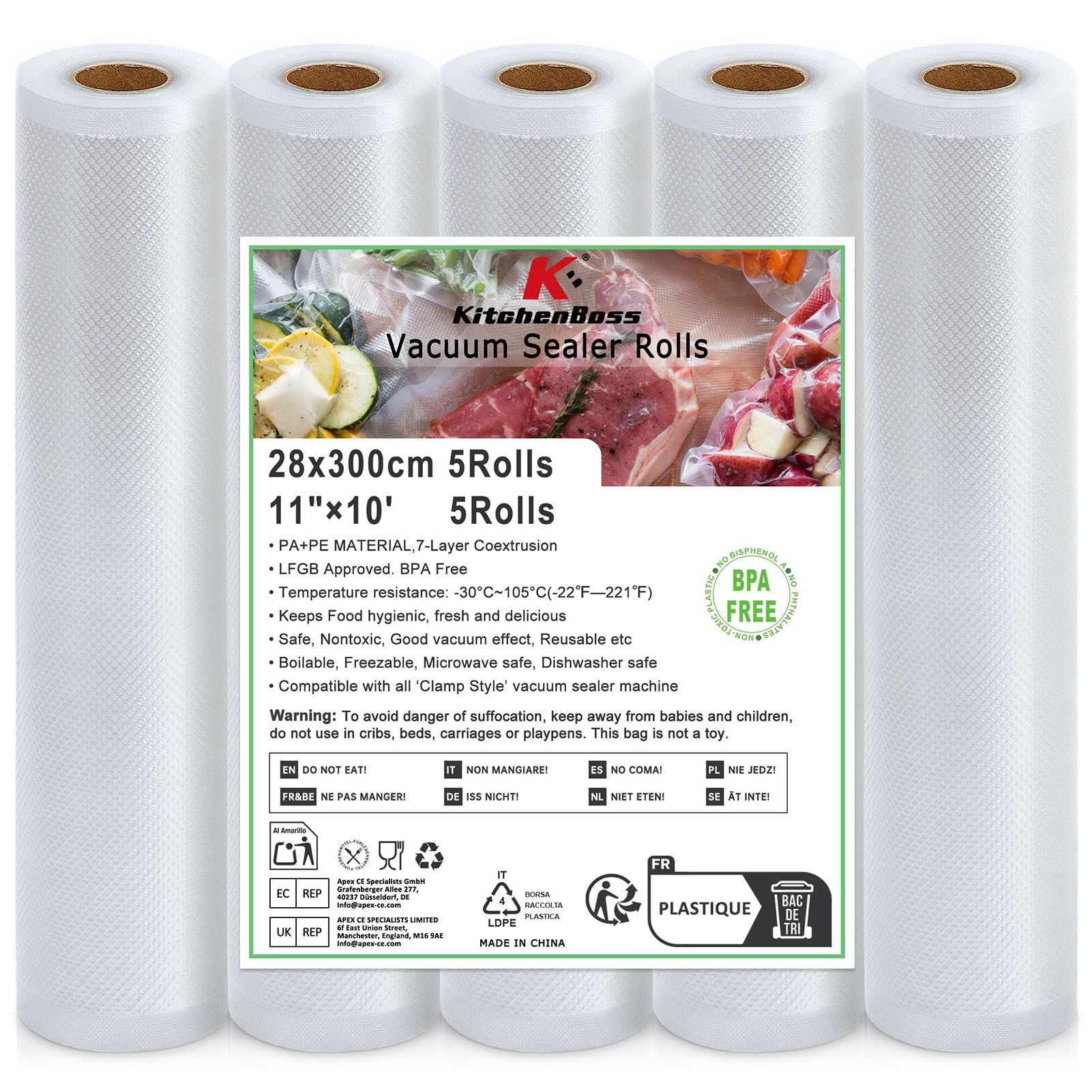 KitchenBoss Vacuum Food Sealer Rolls: Worki do pakowania próżniowego żywności kompatybilne z pakowarkami próżniowymi i urządzeniami Sous Vide, wytłaczane worki do pakowania próżniowego żywności 5 role