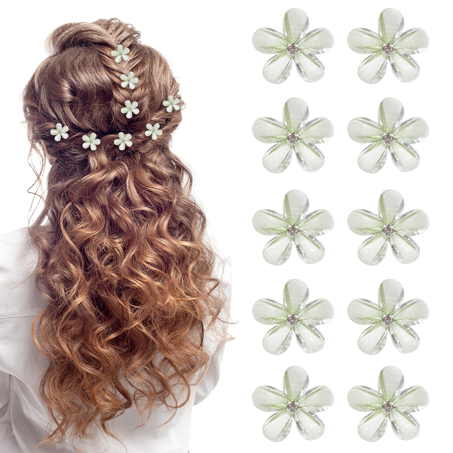 10 Pcs Small Flower Hair Clips, Non-Slip Green Hair Clips for Girls and Women Daily, Party, Wedding Accessories