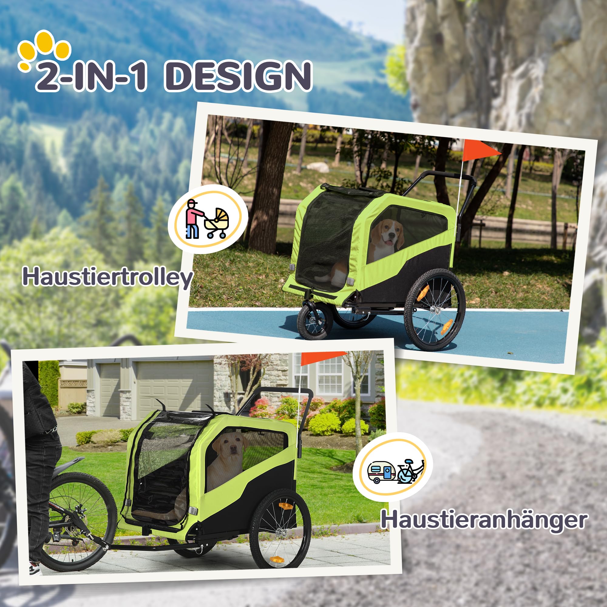 PawHut Rimorchio bici 2 in 1 passeggino per cani grandi con gancio verde | Ruote 20" a sgancio rapido, carrello bici per animali, per viaggio