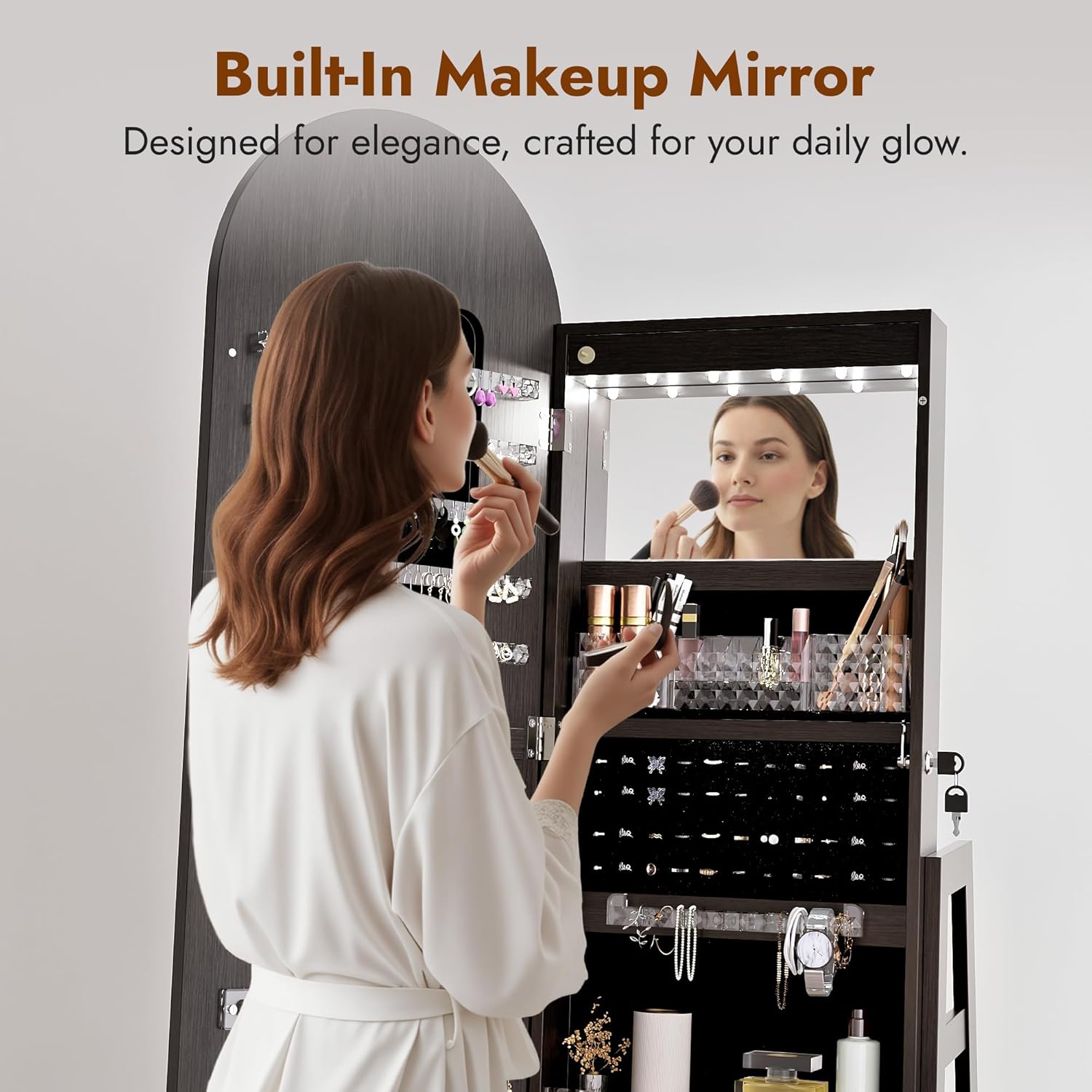 Zamildon's LED Mirror Jewelry Cabinet Standing, 360° Swivel Arched Full Length Mirror Jewelry Armoire with Adjustable LED Lights, Large Lockable Jewelry Organizer with Storage Shelves (Black)