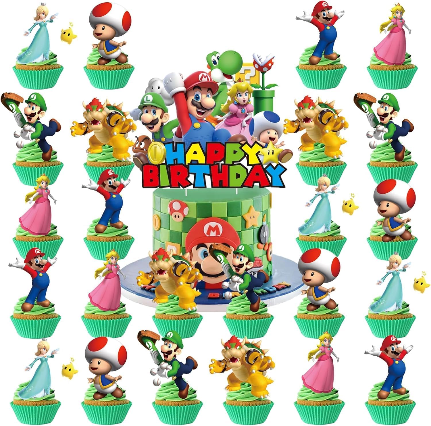 Birthday Party Decorations,48PCS Mario Cartoon Theme Supplies - 1 Backdrop, 1 Banner, 4 Aluminum Balloons, 1 Tablecloth, 25 Cake Toppers, 16 Latex Balloons.