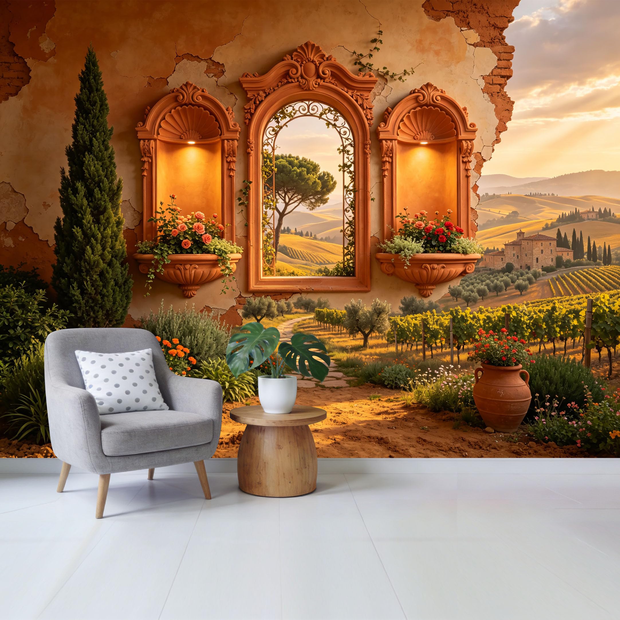Removable Self Adhesive Fabric Mural， Tuscan Landscape Vineyard Custom Size Wall Covering， UV Protected Waterproof Washable Wall Decor for Living Room Bedroom Bathroom
