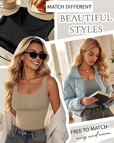 Miniatura 2 de Paquete de 3 camisetas térmicas sin mangas acanaladas para mujer, de forro polar de algodón, cuello redondo, ajustadas, capa base de camisola