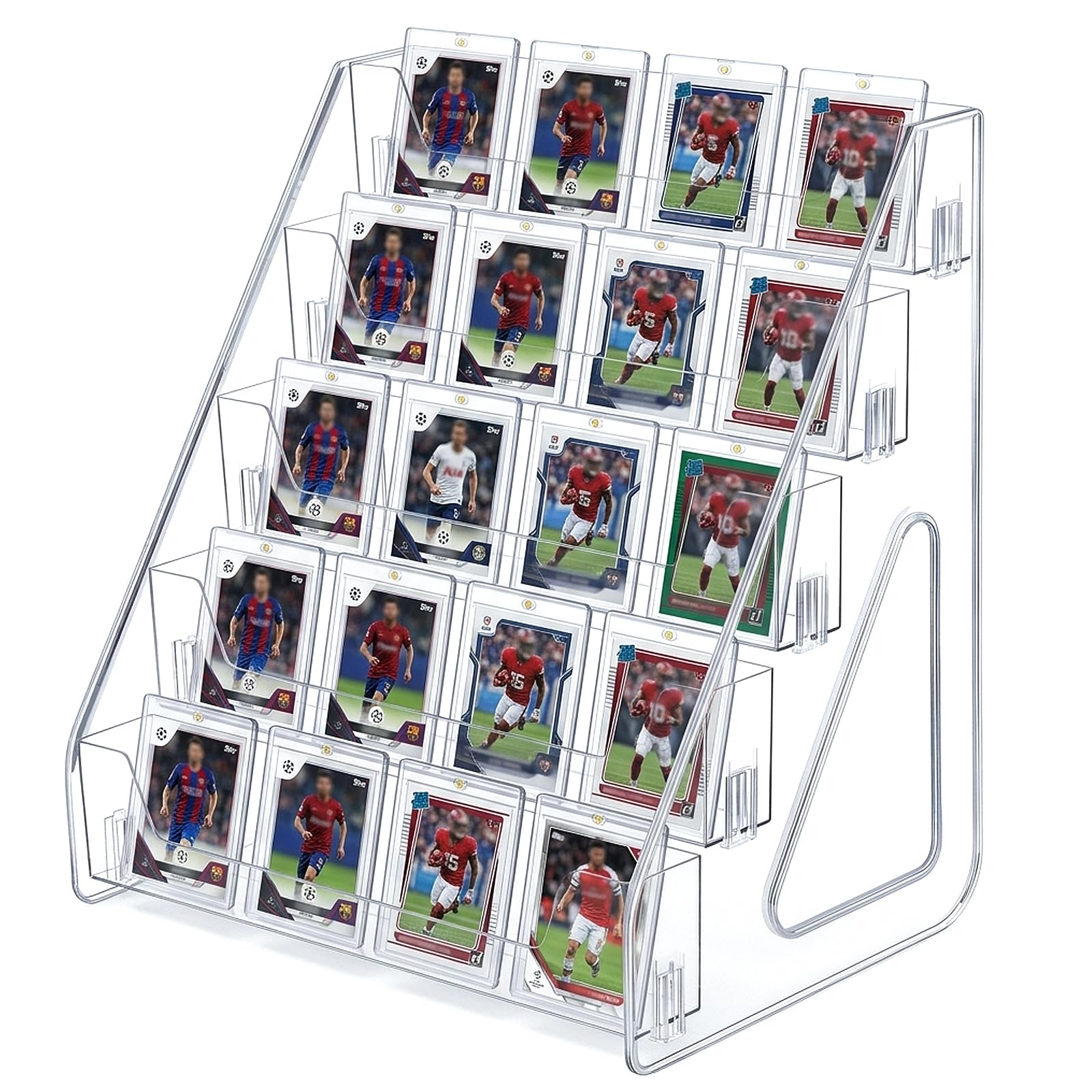 5 Tier 12" Acrylic Trading Card Display Stand, Clear Display Shelf for Baseball Basketball Sports Graded, Transparent Vertical Shelf Rack for Collectible Card Slabs, Sticker Organizer for Postcards
